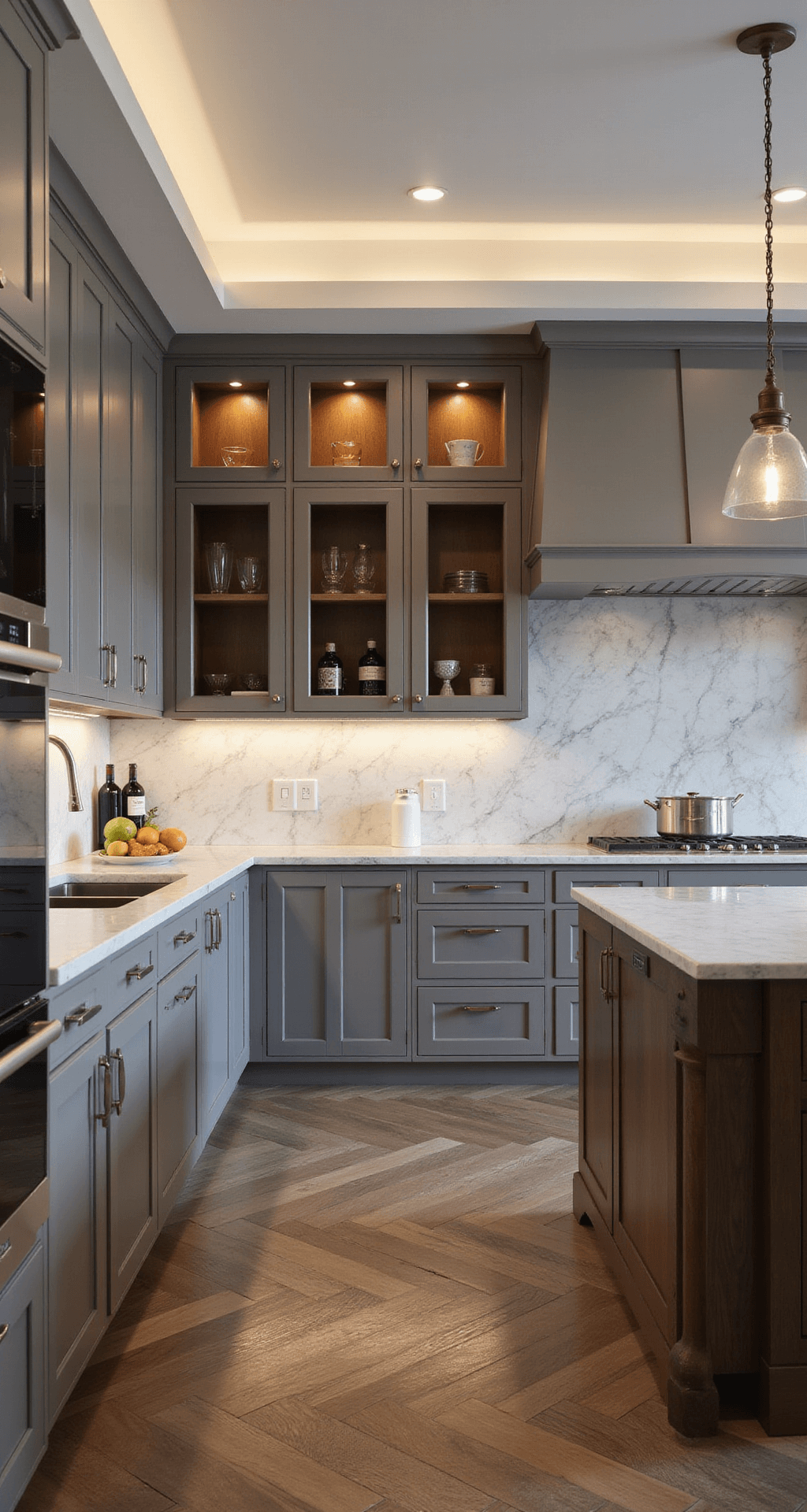 Light Gray Kitchen Cabinets: The Ultimate Design Solution for Modern Homes A spacious contemporary luxury kitchen featuring pearl gray high-gloss cabinets, a Calacatta marble backsplash extending to the ceiling, bronze-tinted mirror upper cabinets, and engineered dark oak floors in a chevron pattern, all illuminated by dusk lighting.