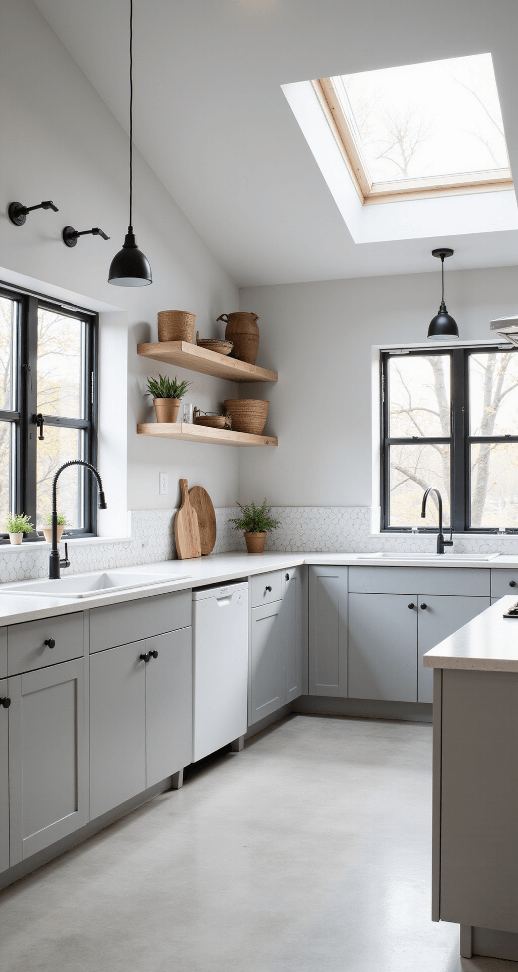 Light Gray Kitchen Cabinets: The Ultimate Design Solution for Modern Homes A bright Scandinavian-inspired kitchen featuring light gray flat-panel cabinets, bleached birch open shelving, white concrete counters, and a hexagonal tile backsplash, all illuminated by mid-morning diffused light streaming through a skylight. Black metal pendant lights and window frames add contrast to the clean lines and spatial flow of the 14x16ft space.