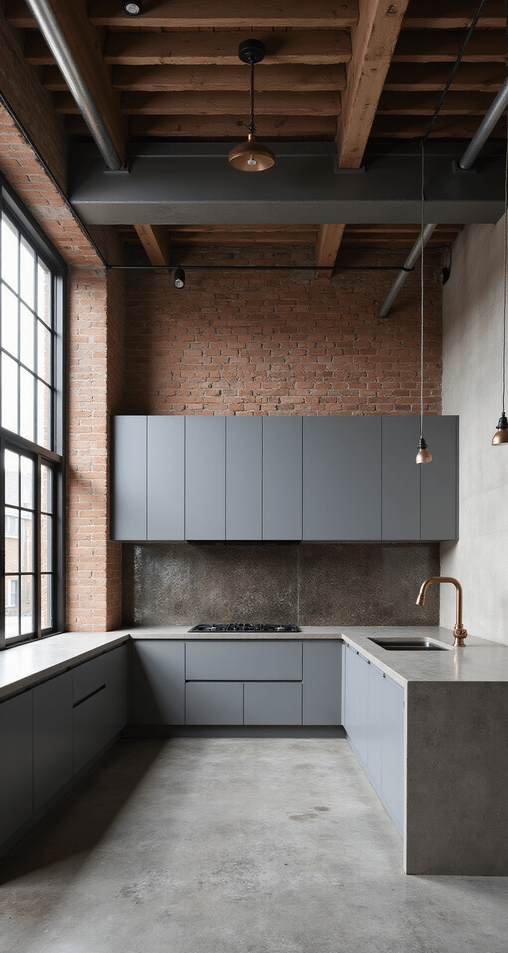 Light Gray Kitchen Cabinets: The Ultimate Design Solution for Modern Homes Loft-style industrial kitchen featuring exposed brick walls, large factory windows allowing late afternoon light, cool gray slab cabinets with blackened steel frames, concrete countertops, metallic tile backsplash, mixed metal fixtures, and polished concrete floors, captured in a wide-angle shot to emphasize vertical height and material contrasts.