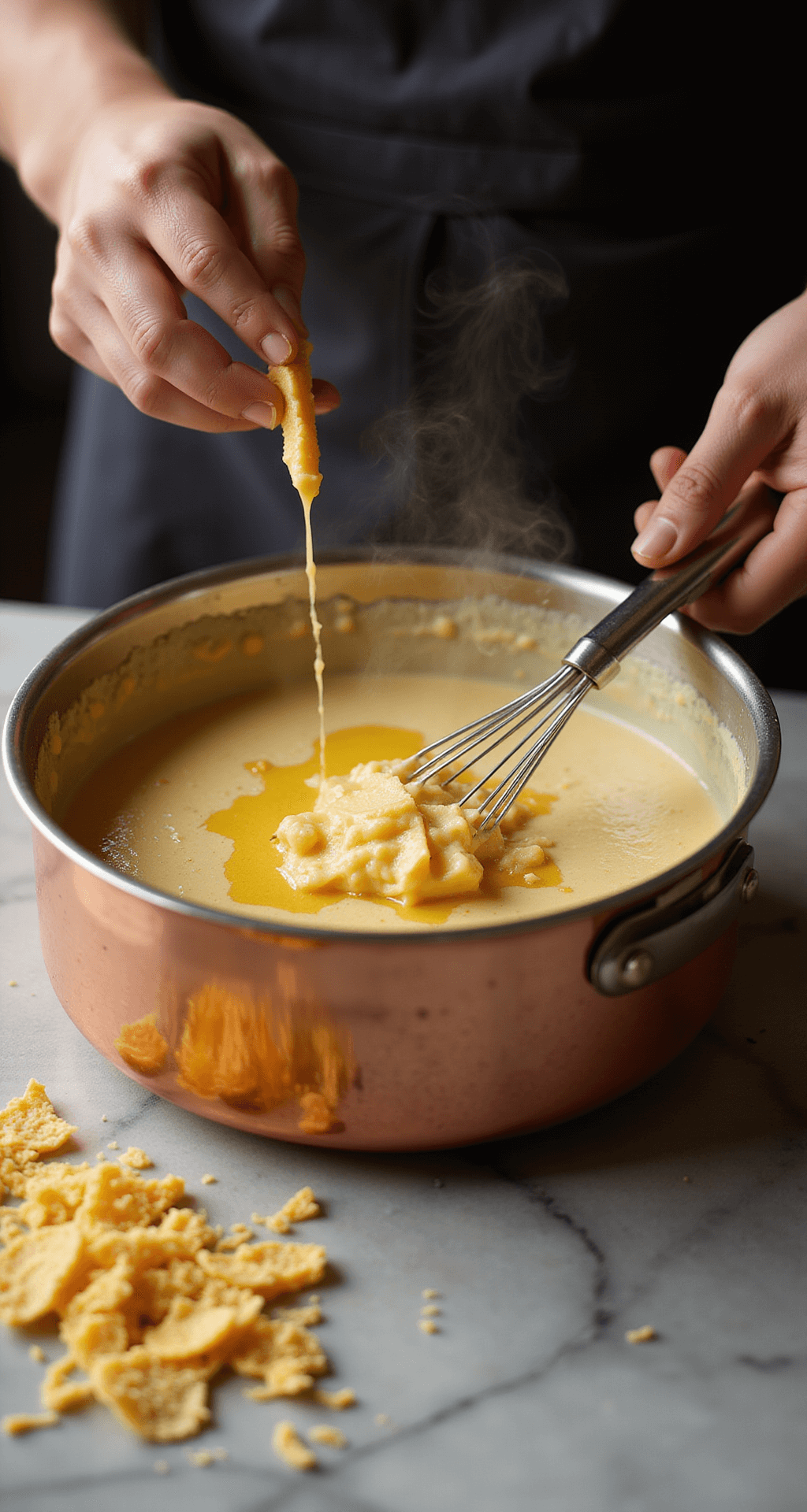 Kentucky Hot Brown: The Ultimate Open-Faced Sandwich Masterpiece Close-up of hands whisking Mornay sauce in a copper saucepan, with steam rising, melting butter and flour creating texture, scattered aged cheese on marble countertop, illuminated by warm light.