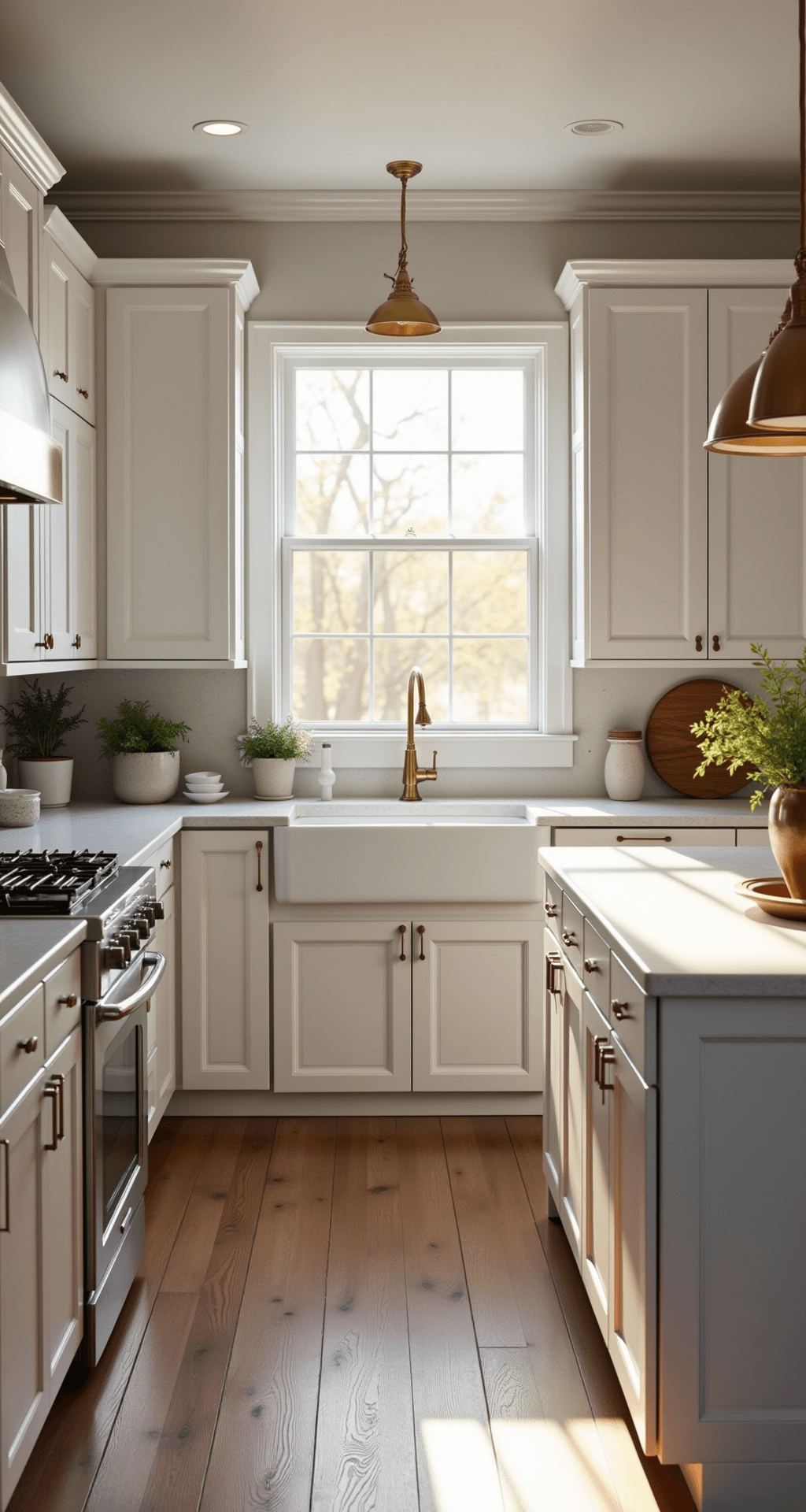 Transforming Your Kitchen: The Ultimate Guide to Painting Kitchen Cabinets Modern farmhouse kitchen with white Shaker cabinets and oak floors, featuring a quartz waterfall island and large window above the sink, illuminated by morning light.