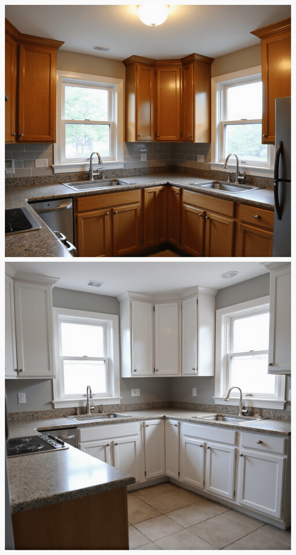 Transforming Your Kitchen: The Ultimate Guide to Painting Kitchen Cabinets Before and after image of a traditional kitchen transformation, showcasing original oak cabinets beside newly painted white sections in a 12x14ft space. Natural light streams through a bay window, illuminating granite counters and a subway tile backsplash, with stages of the cabinet painting process highlighted for a clear side-by-side comparison.