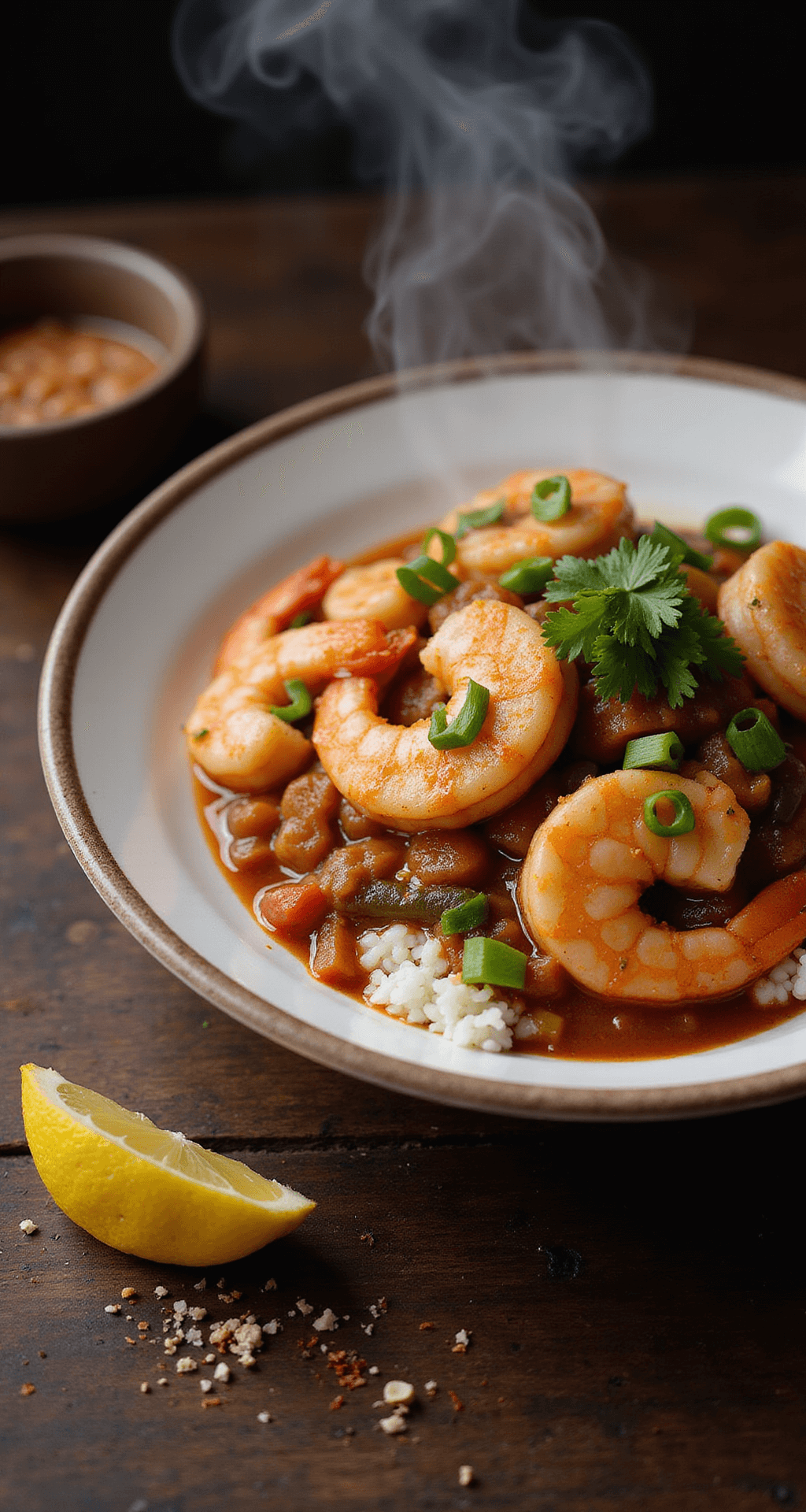SHRIMP CREOLE: A LOUISIANA CLASSIC ONE-POT WONDER Overhead view of a steaming bowl of rich Shrimp Creole over white rice, featuring pink Gulf shrimp in glossy sauce with vegetables, garnished with parsley and green onions, set on a rustic wooden table with a lemon wedge and cayenne pepper flakes.