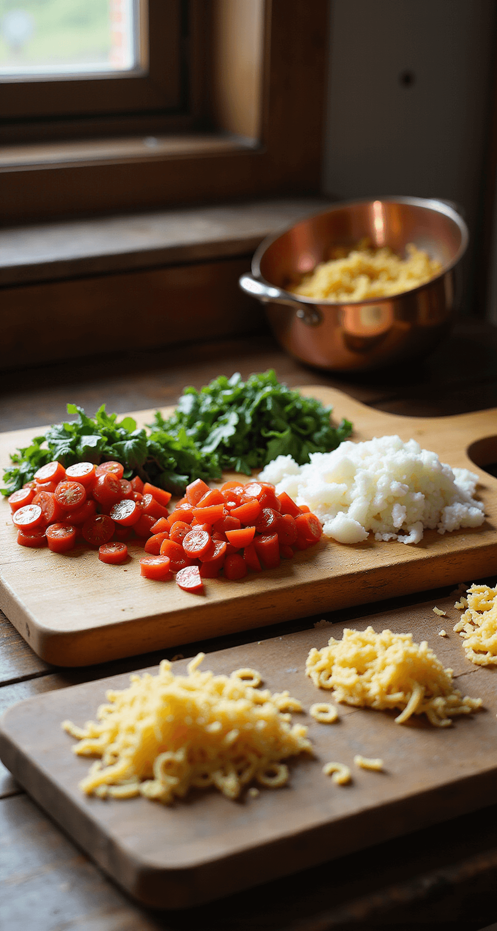 Johnny Marzetti Casserole Recipe A rustic kitchen bathed in warm natural light, featuring a wooden cutting board with diced vegetables, grated cheese, and al dente pasta in a colander, with soft focus on copper cookware in the background.