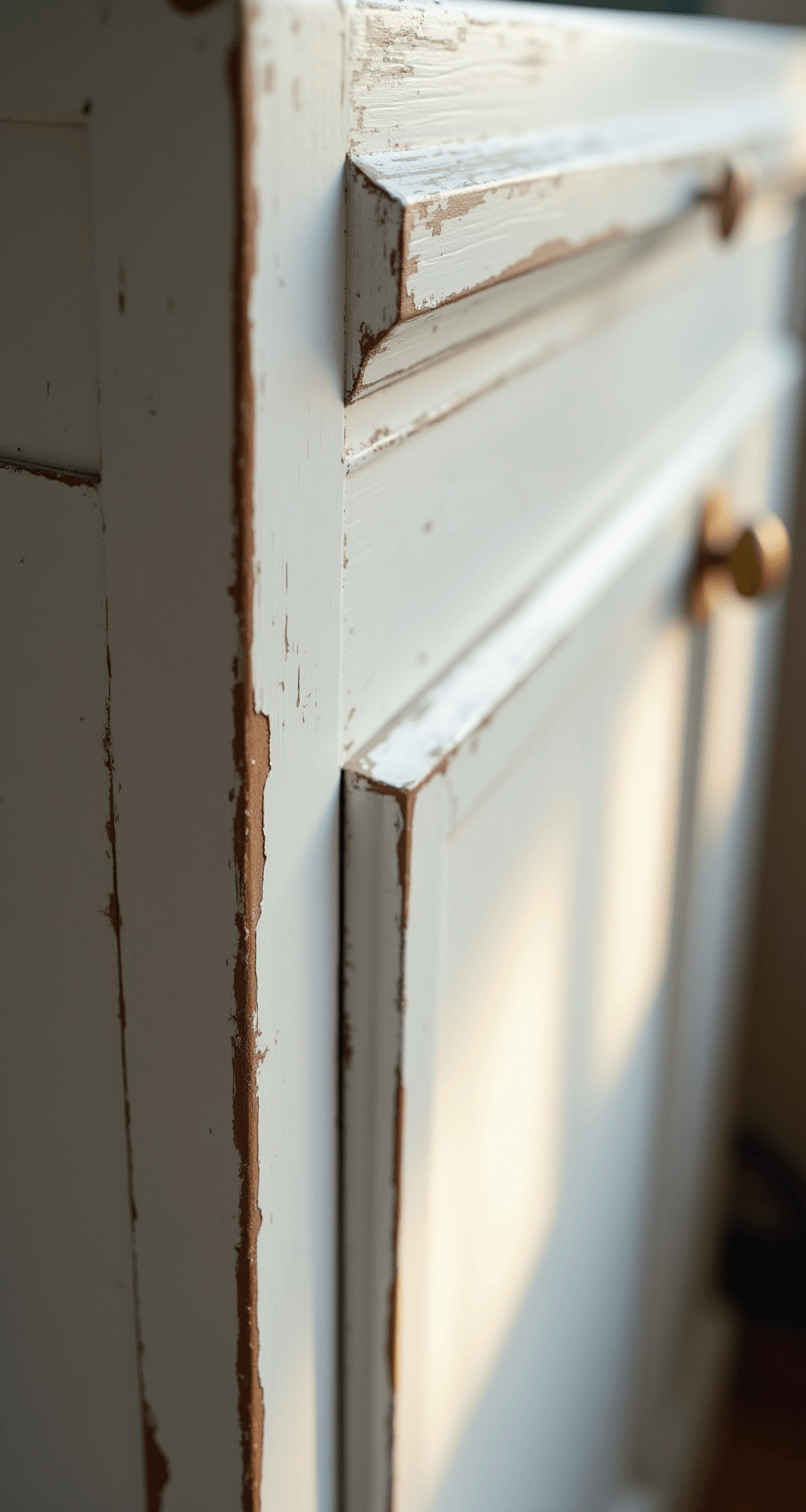 Transforming Your Kitchen: The Ultimate Guide to Painting Kitchen Cabinets Close-up of a 3x4ft section of a painted white cabinet, showcasing wear patterns and touch-up techniques in morning light, with detailed texture, highlighting surface variations and paint application methods.