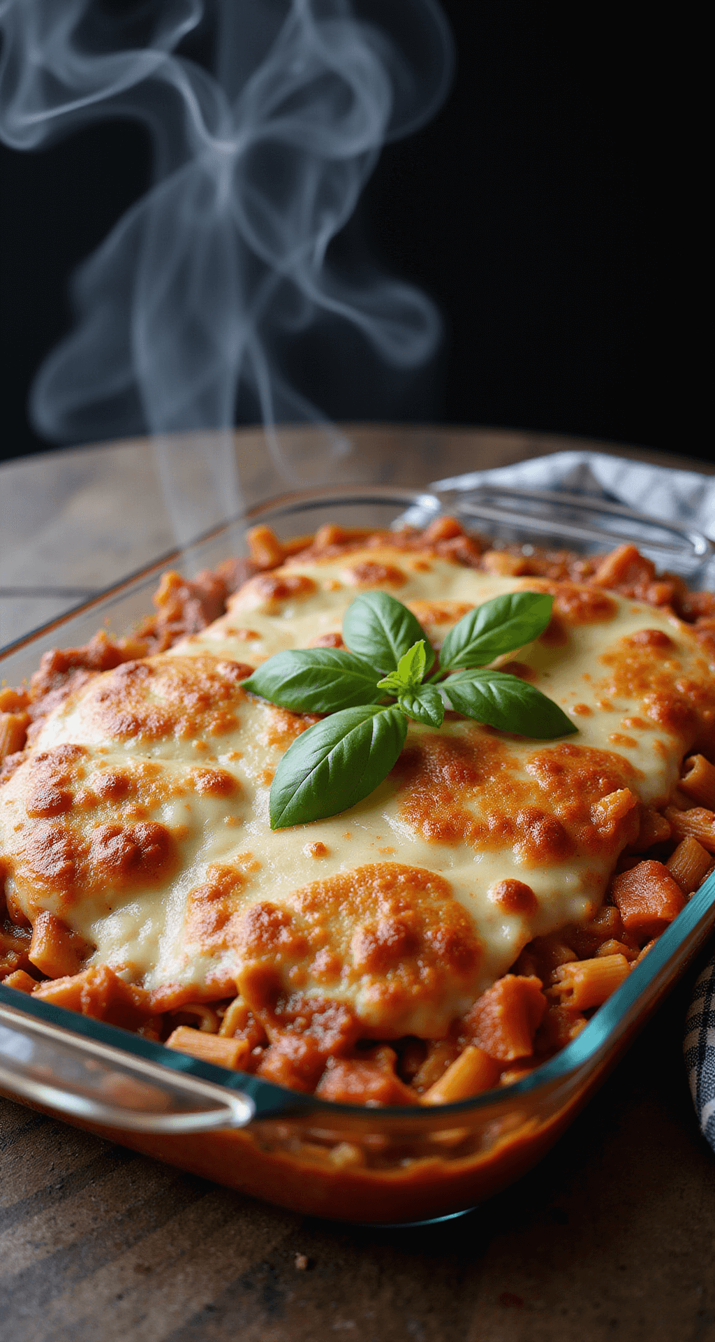 Johnny Marzetti Casserole Recipe Close-up of a 9x13 glass dish of Johnny Marzetti, featuring golden-brown melted cheese, layers of pasta and tomato sauce, steam rising in dramatic lighting, garnished with fresh basil on a dark wooden table with a checkered cloth.