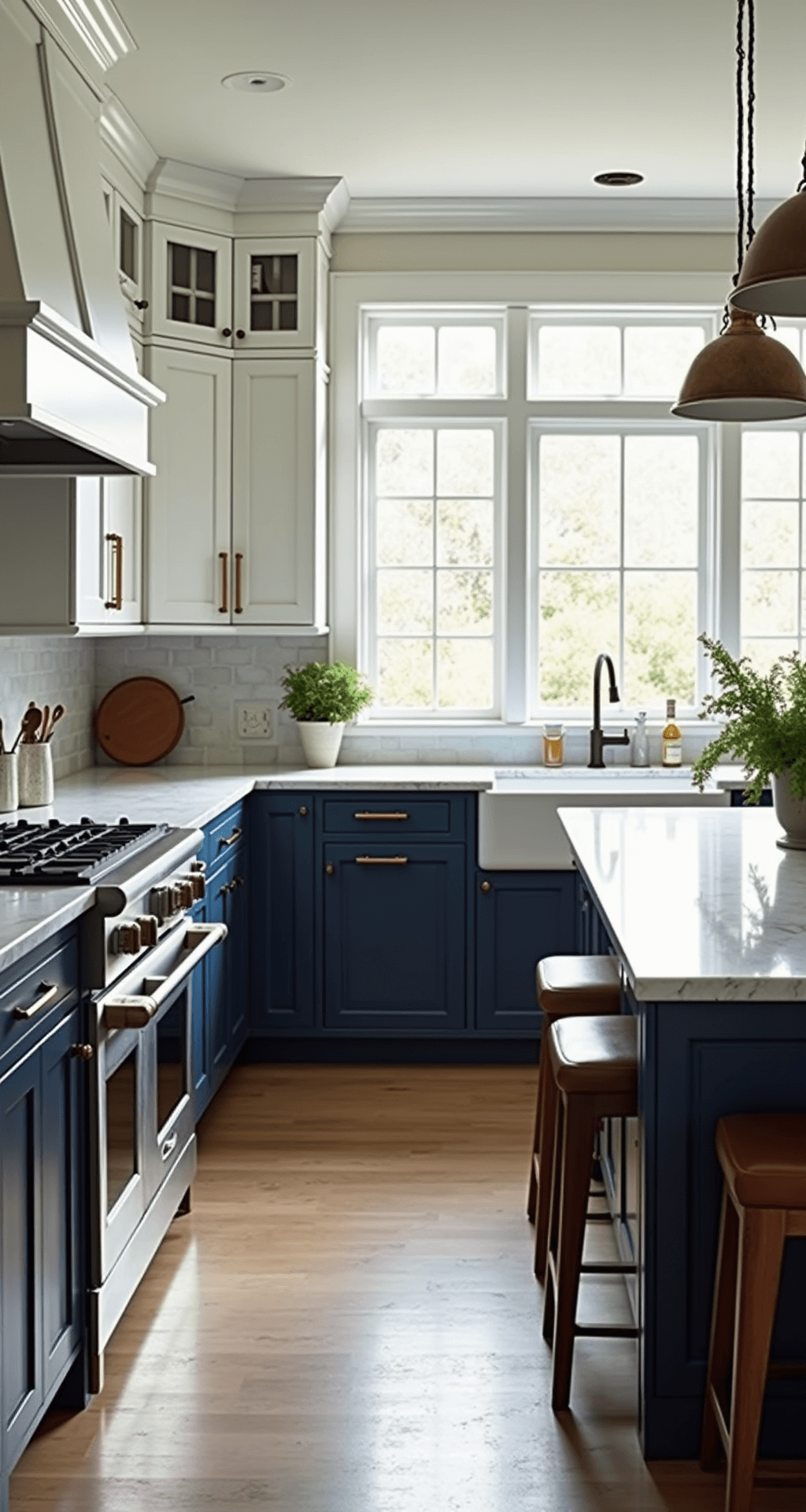 Kitchen Cabinet Color Combinations: Your Ultimate Design Guide A bright 12x15ft kitchen with two-tone cabinetry in white and navy blue, marble countertops, brass fixtures, and a coastal-chic vibe, illuminated by morning sunlight through large windows.