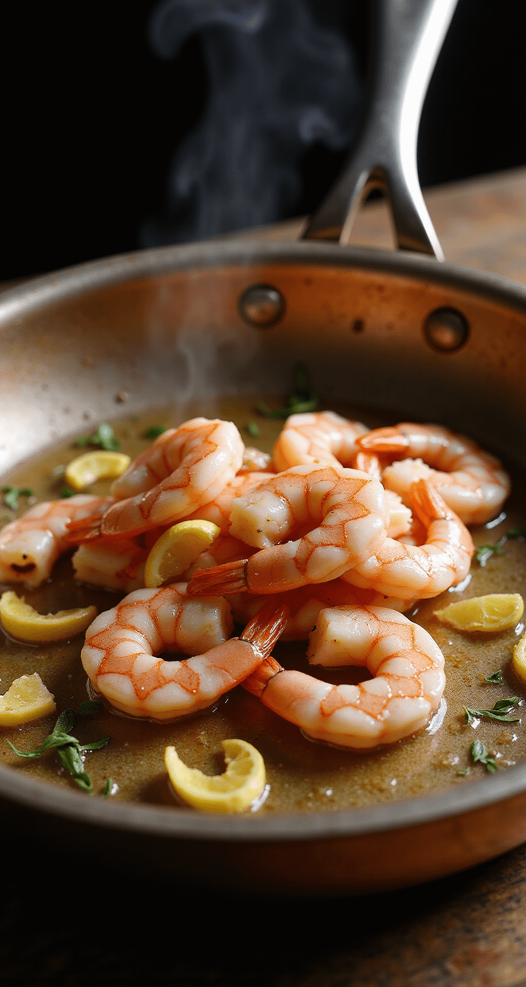 SHRIMP DE JONGHE: CHICAGO'S LEGENDARY SEAFOOD CLASSIC Close-up of glistening pearly-pink shrimp being placed in a vintage copper sauté pan with melted butter, surrounded by golden garlic slivers and fresh herbs, with steam rising in warm, directional lighting.