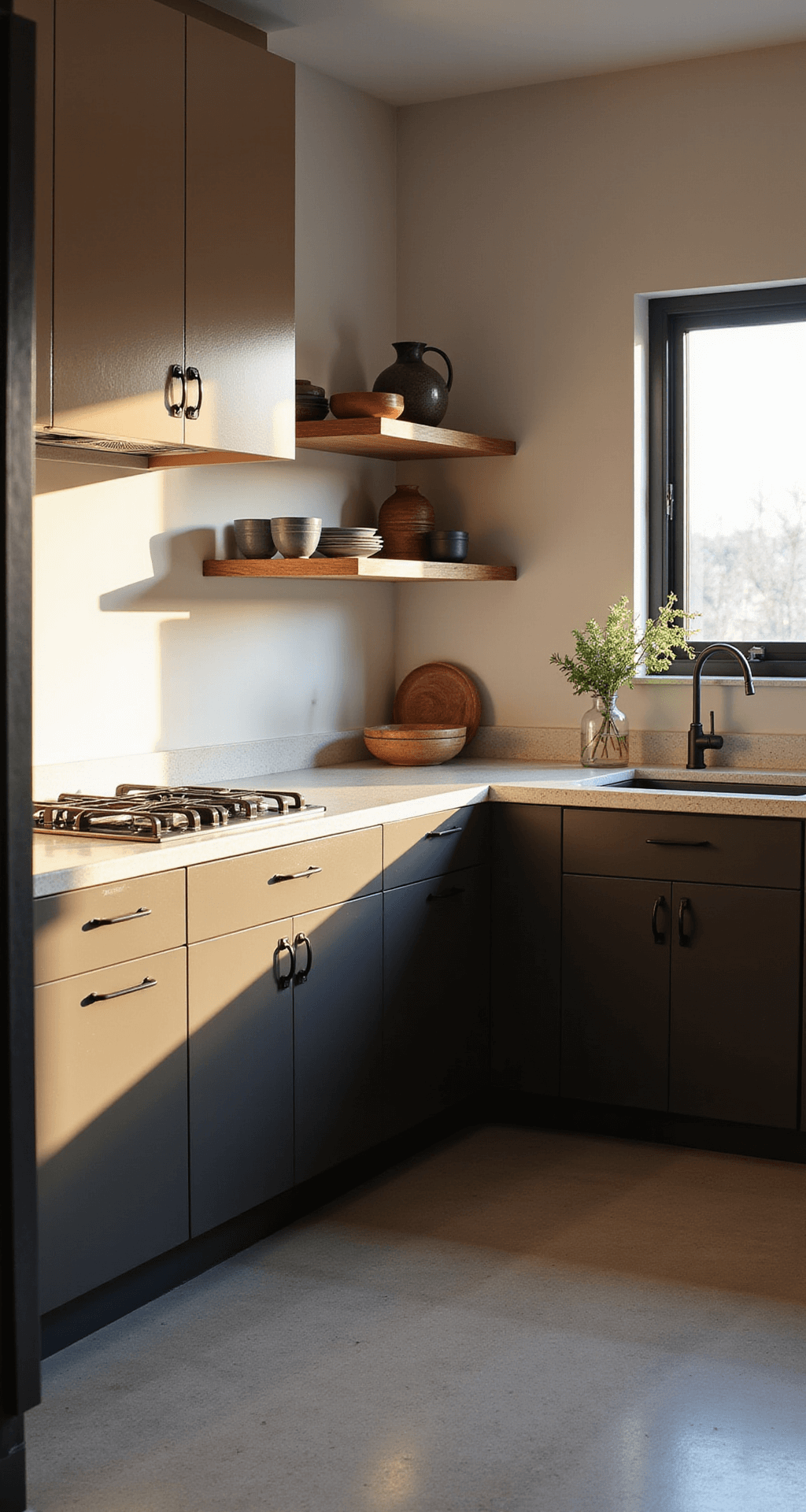 Kitchen Cabinet Color Combinations: Your Ultimate Design Guide Cozy 10x12ft kitchen featuring warm taupe upper cabinets and rich charcoal lower cabinets, illuminated by golden hour light, with cream quartz countertops, matte black hardware, and floating wooden shelves displaying artisanal ceramics.