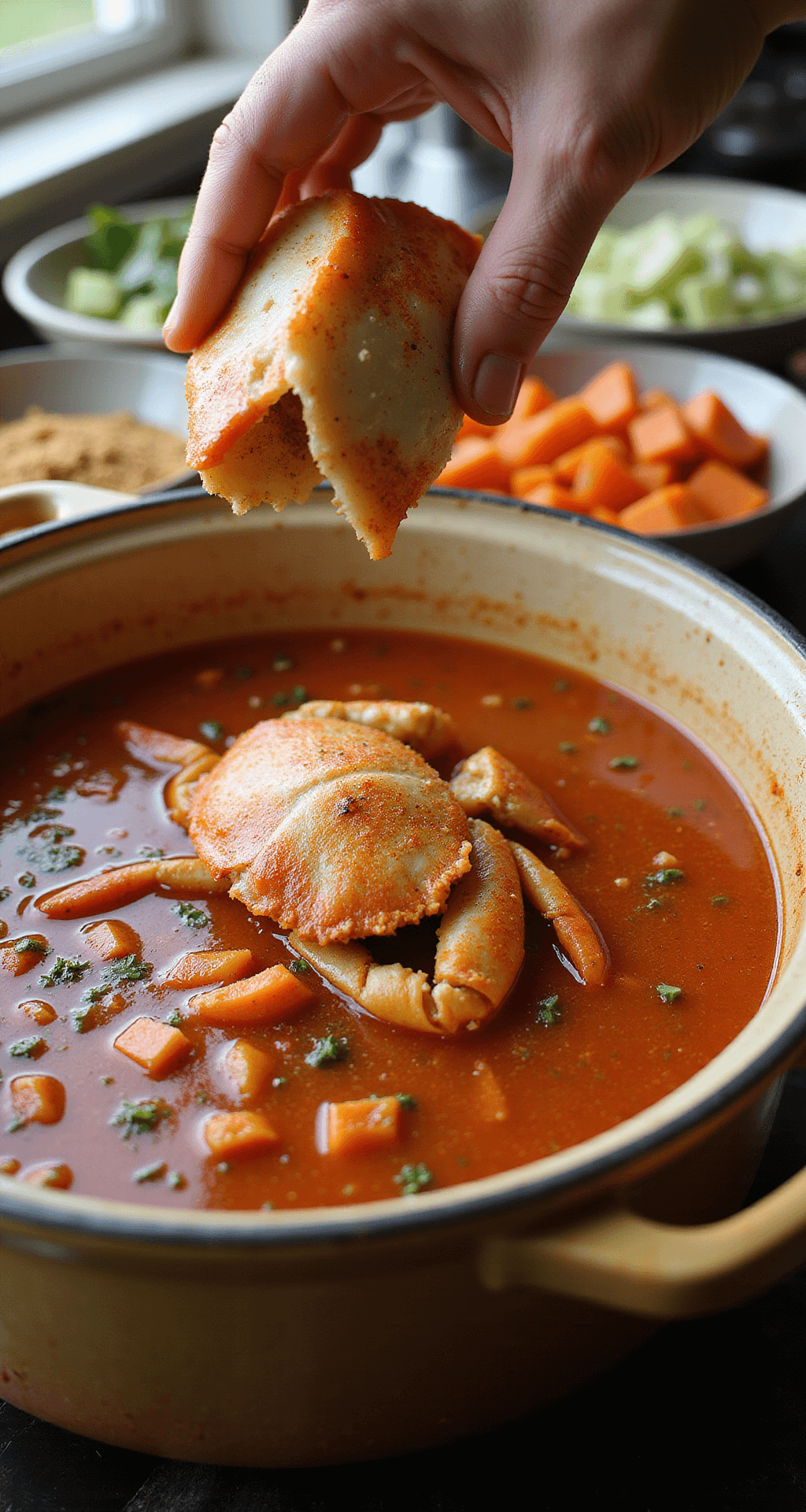 Maryland Crab Soup: A Chesapeake Bay Classic Close-up of fresh blue crab meat being added to a steaming stockpot of tomato broth and vegetables, with warm afternoon light illuminating the scene and bowls of diced ingredients in the background.