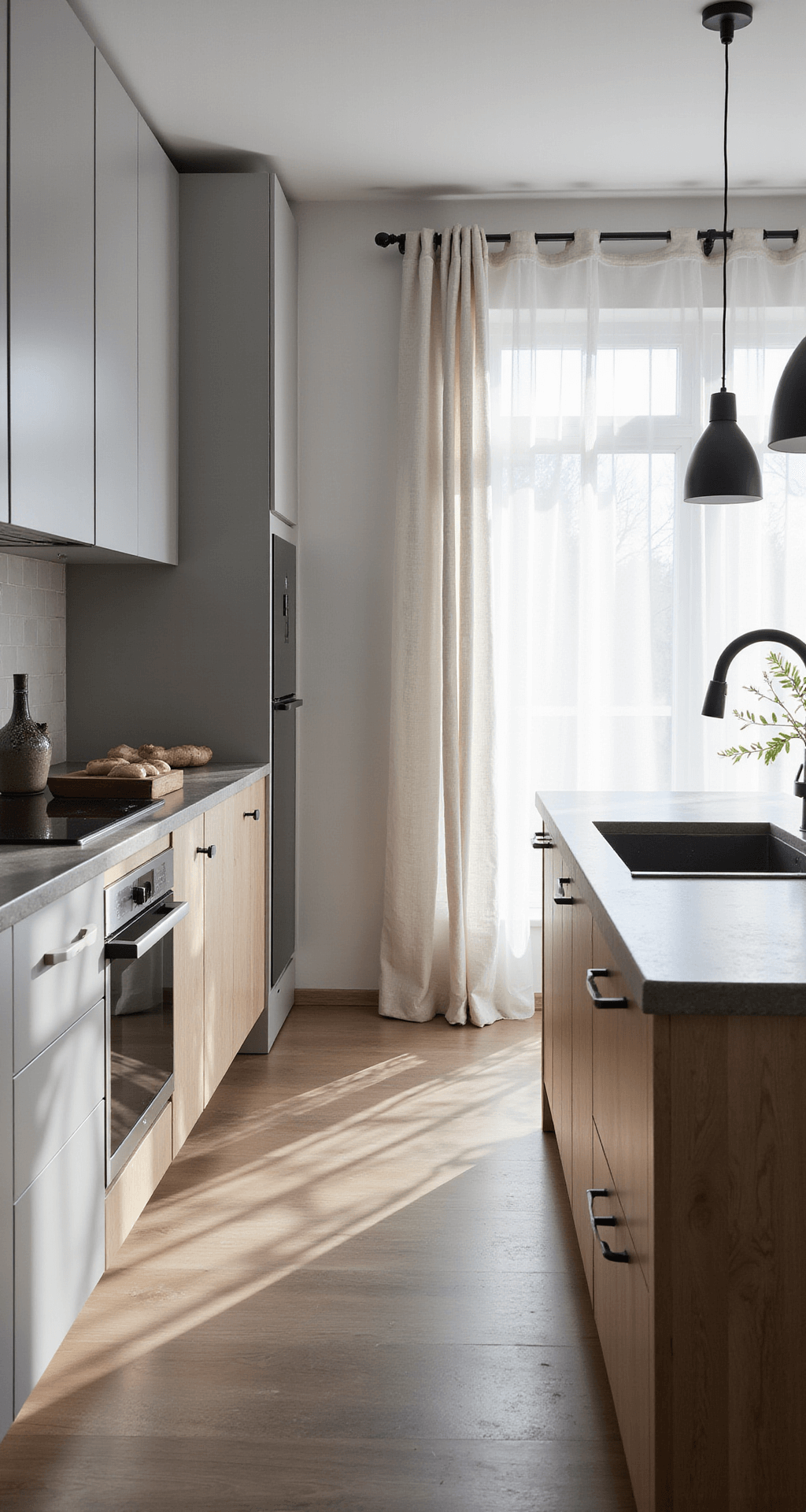 Kitchen Cabinet Color Combinations: Your Ultimate Design Guide A Scandinavian-inspired kitchen featuring light gray upper cabinets, natural white oak lower cabinets, and concrete countertops. The space includes a large center island with an integrated sink, minimalist black metal handles, and is bathed in diffused afternoon light through sheer curtains. Textural elements like linen textiles and matte ceramics contribute to a cozy hygge atmosphere.
