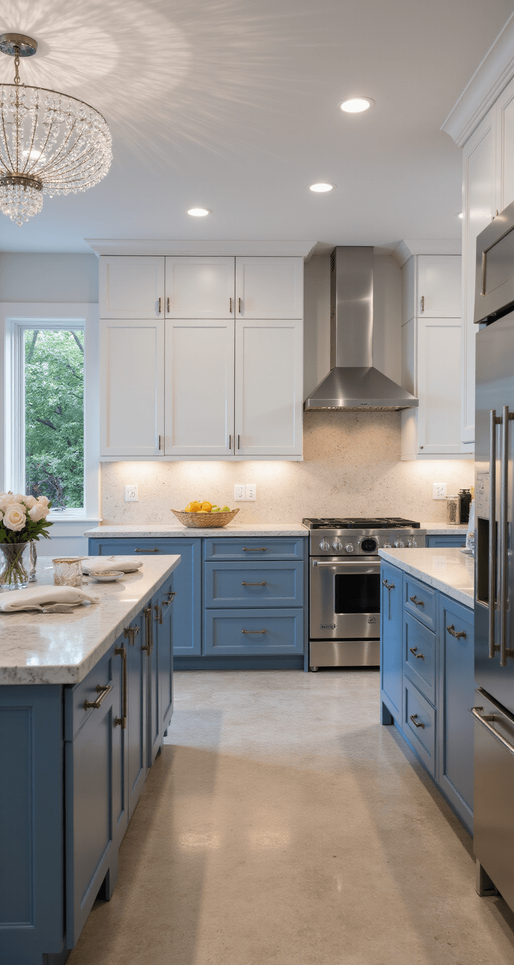 Kitchen Cabinet Color Combinations: Your Ultimate Design Guide Luxurious kitchen with white upper cabinets and powder blue lower cabinets, featuring Calacatta gold marble counters, polished nickel fixtures, and a crystal chandelier, set in an elegant atmosphere with fresh flowers and silver accents.