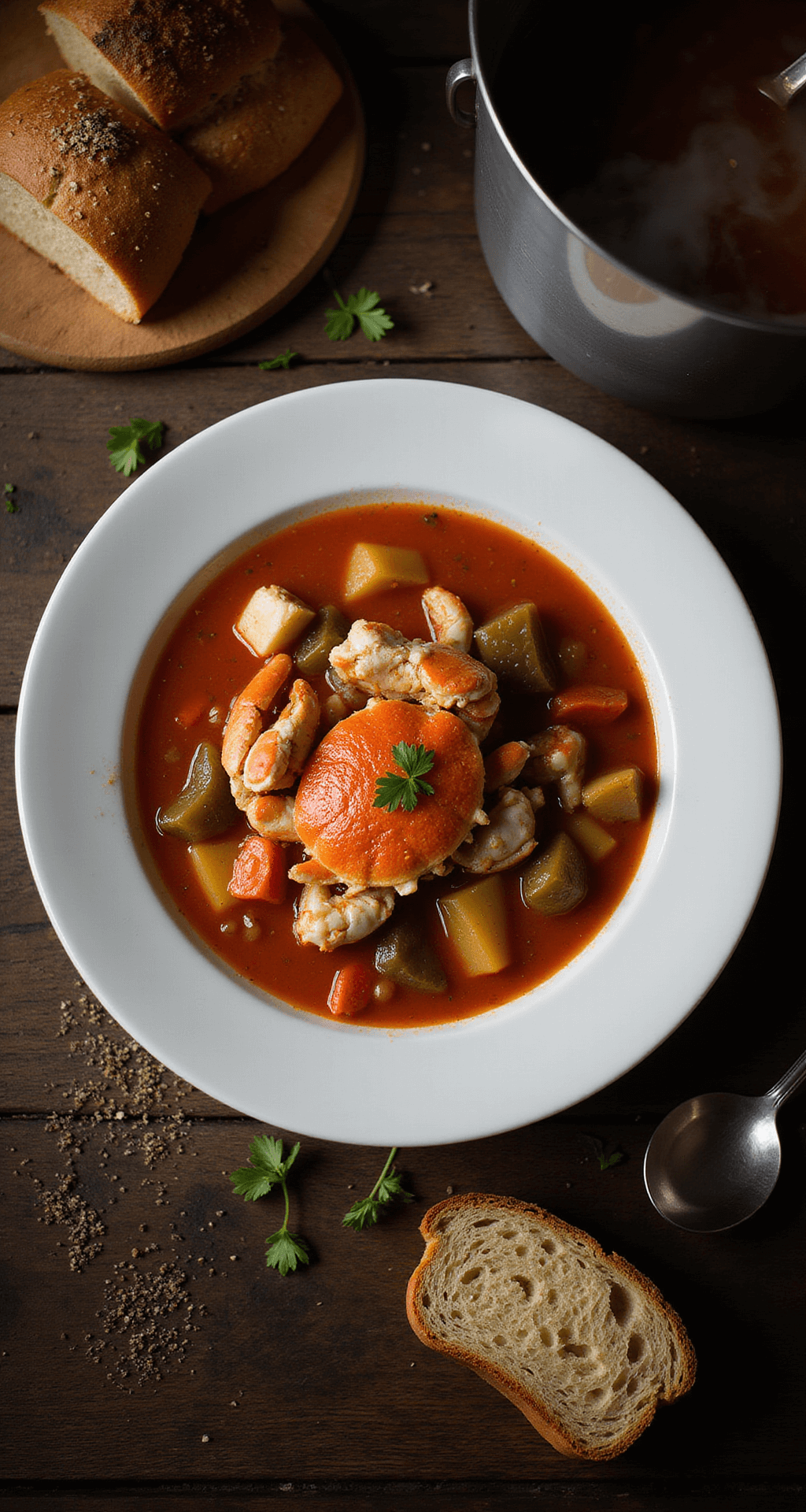 Maryland Crab Soup: A Chesapeake Bay Classic Overhead view of rich Maryland crab soup in an elegant white bowl, featuring blue crab meat and vegetables, with rustic bread, Old Bay seasoning, and parsley on a dark wooden table.