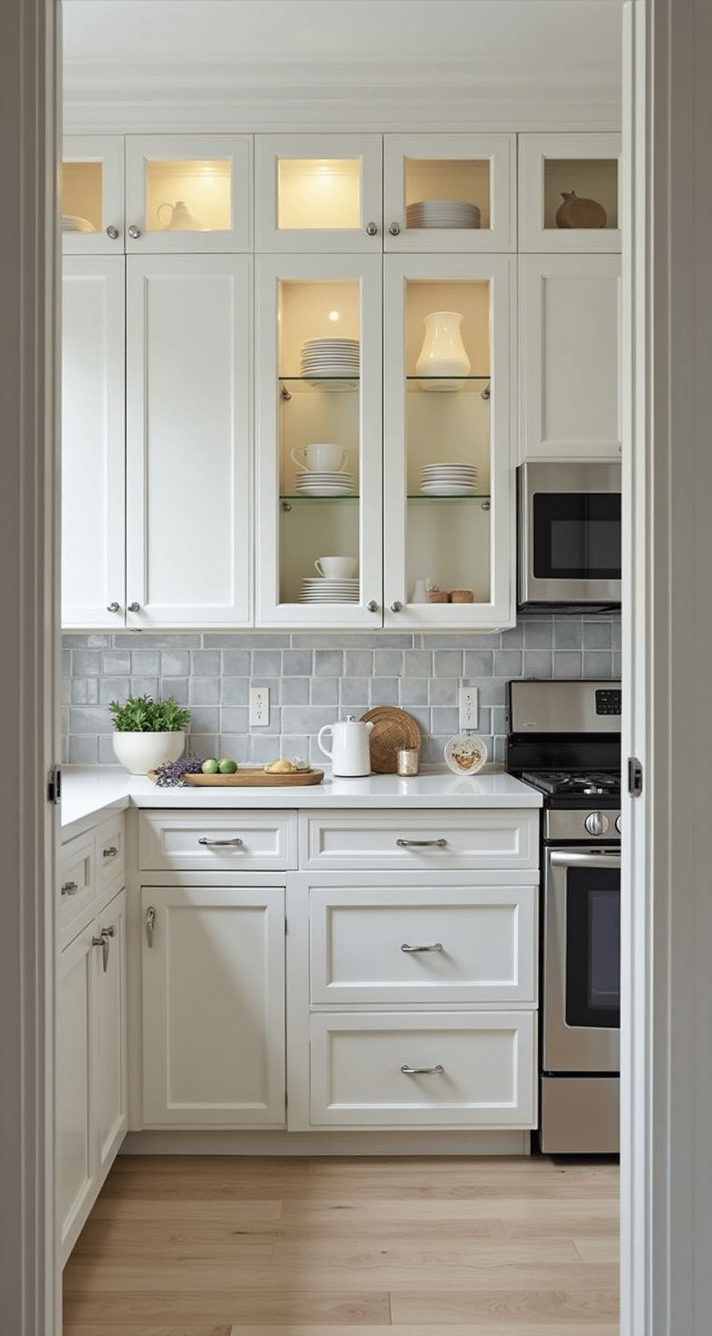 Kitchen Cabinet Color Combinations: Your Ultimate Design Guide A compact 8x10ft kitchen featuring pearl white cabinets, glass-front uppers, and a mirror-finish backsplash, illuminated by under-cabinet lights and multiple light sources, creating an airy atmosphere with floating shelves and chrome hardware.