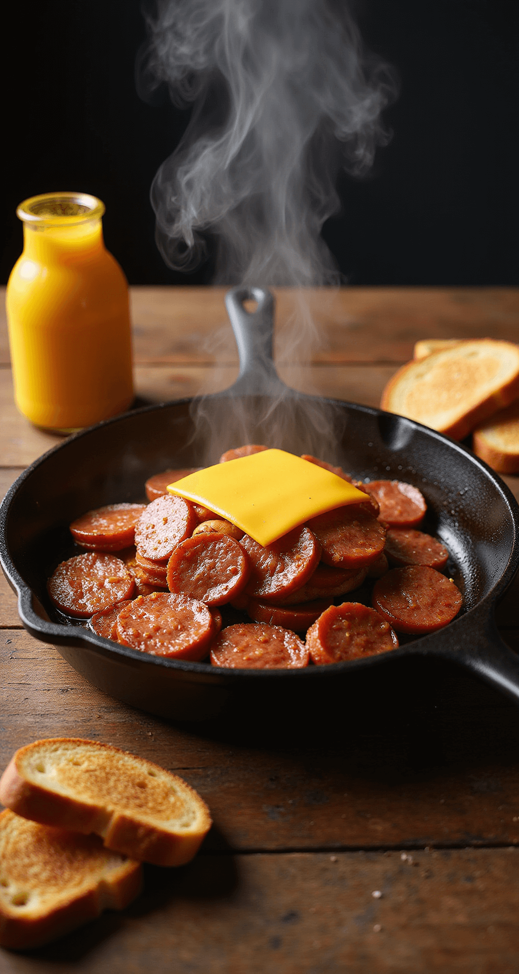 FRIED BOLOGNA SANDWICH: A NOSTALGIC LUNCH CLASSIC Dynamic overhead shot of sizzling golden-brown bologna in a cast iron skillet with melting American cheese, steam rising in dramatic kitchen lighting, surrounded by a vibrant yellow mustard bottle and crisp toasted bread.