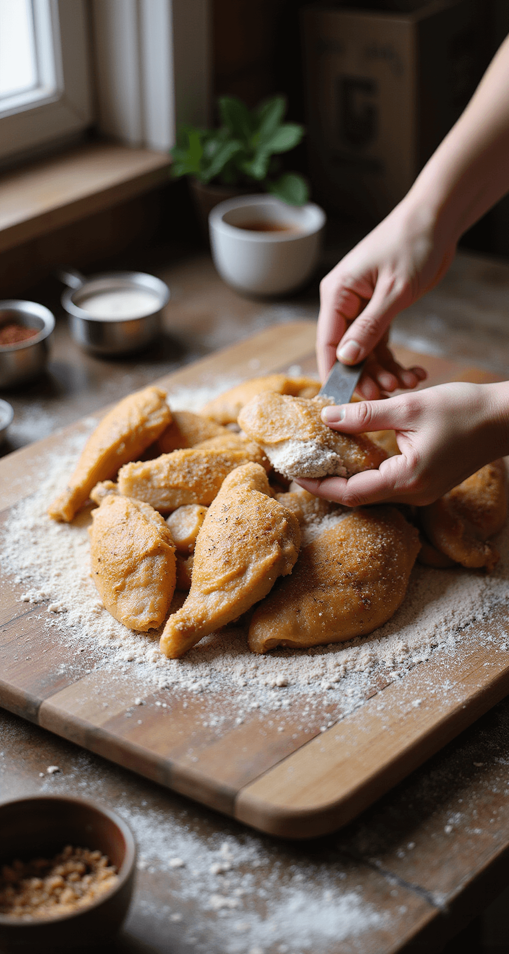 Country Captain Chicken - A Legendary Southern Curry-Inspired Comfort Dish Close-up of hands dredging golden chicken pieces in flour on a rustic wooden cutting board, with soft natural light illuminating the scene and measuring cups and seasonings scattered nearby, conveying a warm, homey atmosphere.
