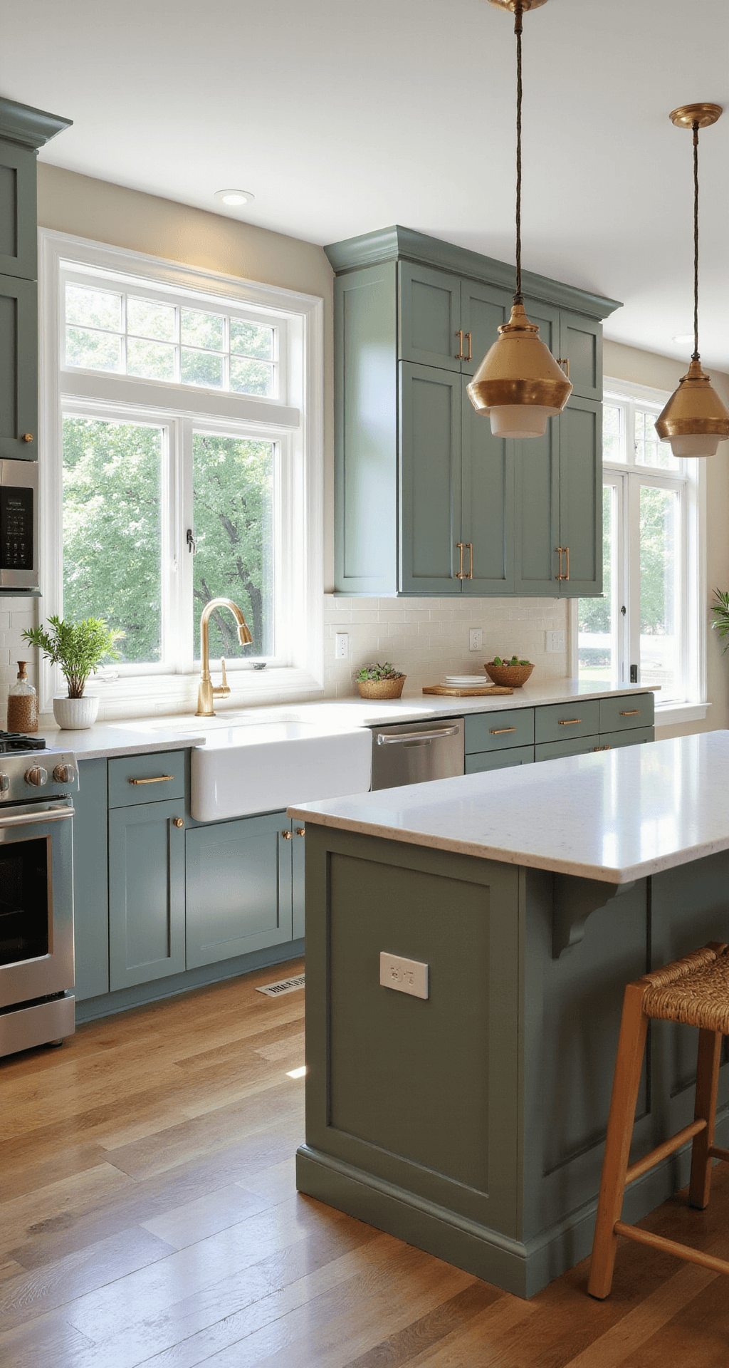Sage Green Kitchen Cabinets: The Ultimate Design Guide for a Serene Culinary Space A modern kitchen featuring sage green shaker cabinets, white quartz countertops, brushed brass hardware, and a large island with rattan stools, illuminated by morning light through floor-to-ceiling windows.