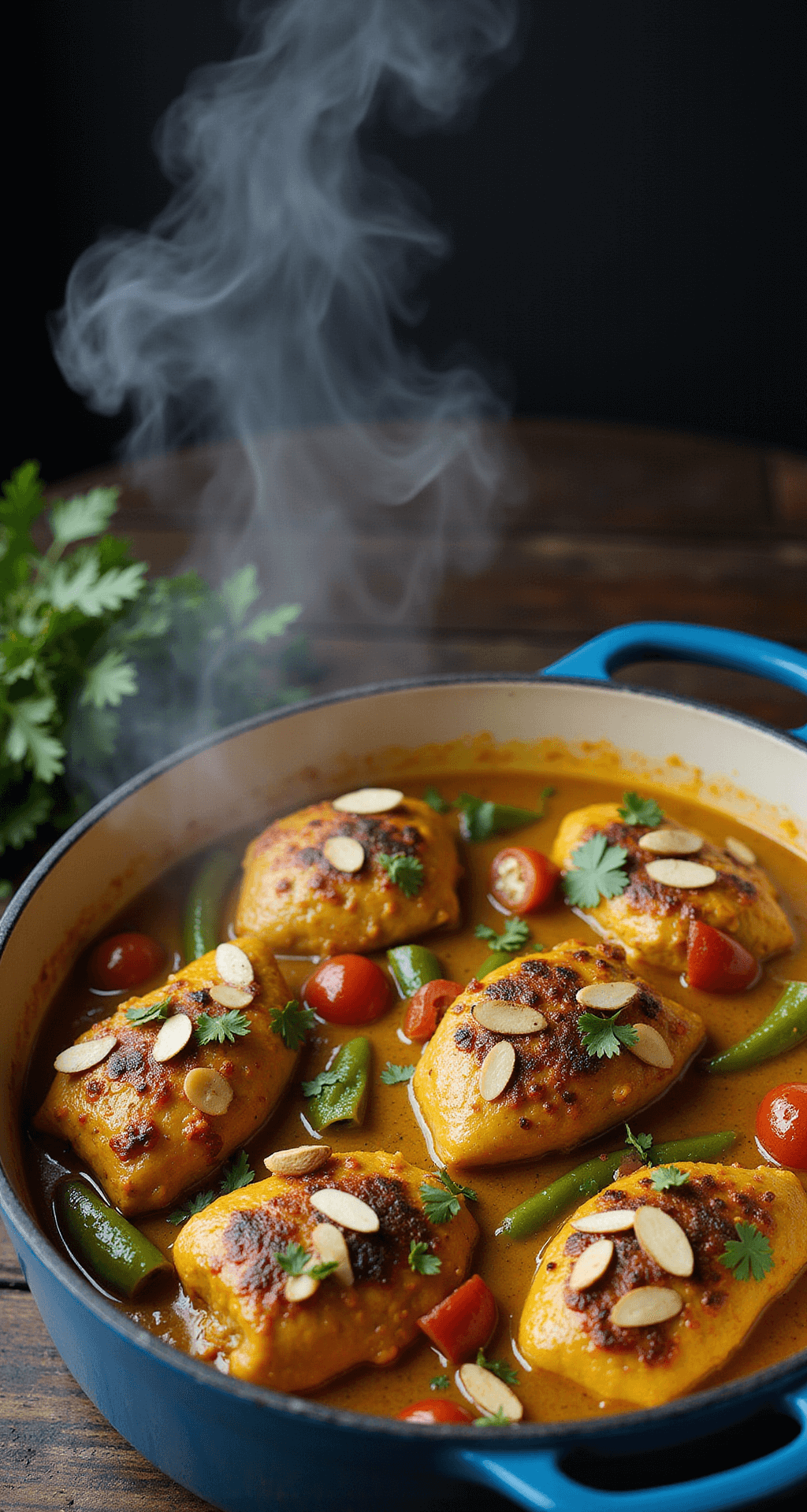 Country Captain Chicken - A Legendary Southern Curry-Inspired Comfort Dish Overhead view of a blue enameled Dutch oven filled with simmering Country Captain Chicken in golden curry sauce, featuring browned chicken, vibrant red tomatoes, green peppers, toasted almonds, and fresh parsley, all highlighted by dramatic kitchen lighting.