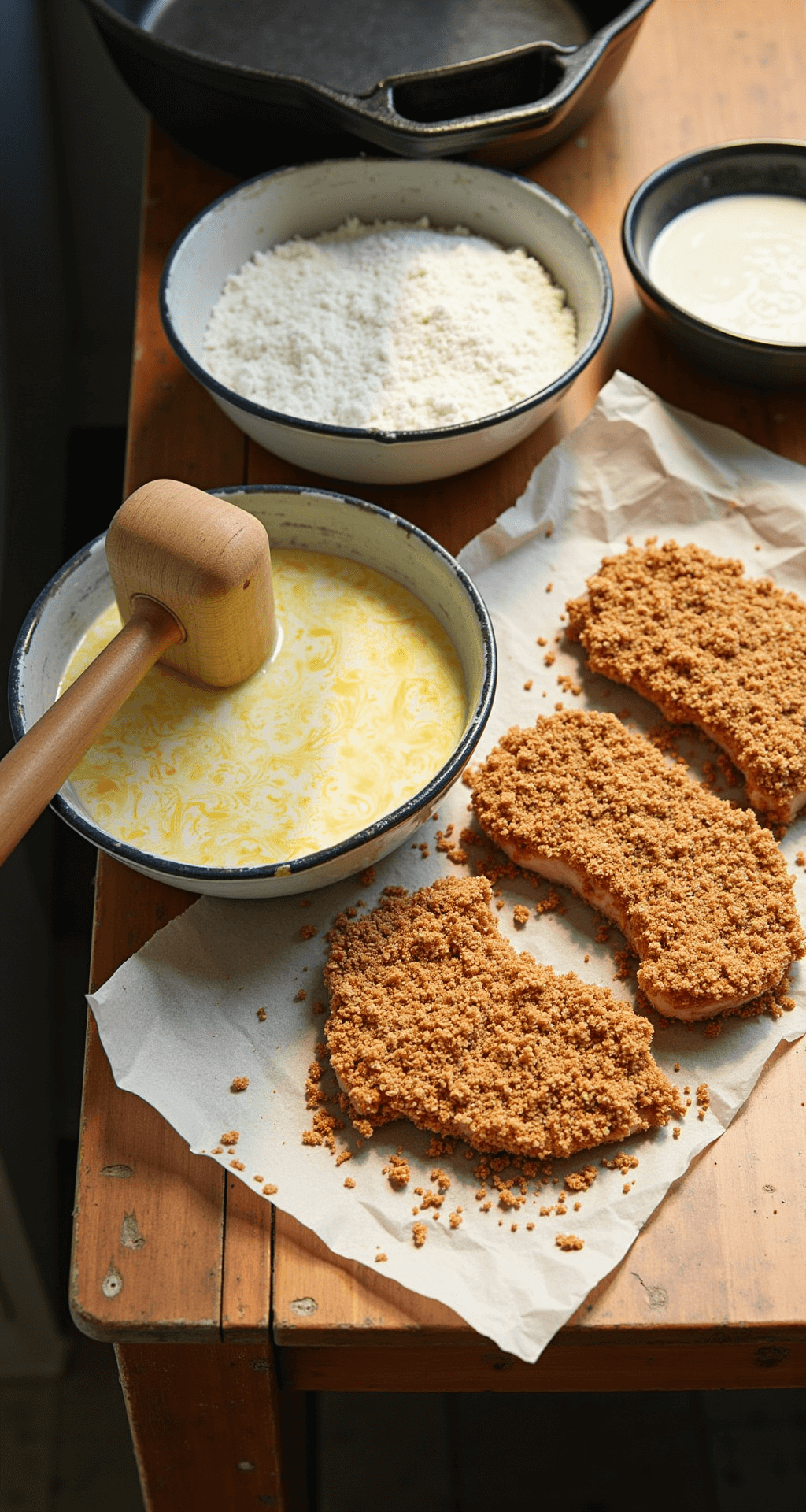 Chicken Fried Pork Chops: Southern Comfort on a Plate Close-up image of three dredging stations with seasoned flour, egg-buttermilk wash, and golden breadcrumbs on a rustic wooden counter, alongside a cast iron skillet and pounded pork chops on butcher paper, evoking a warm Southern kitchen vibe.