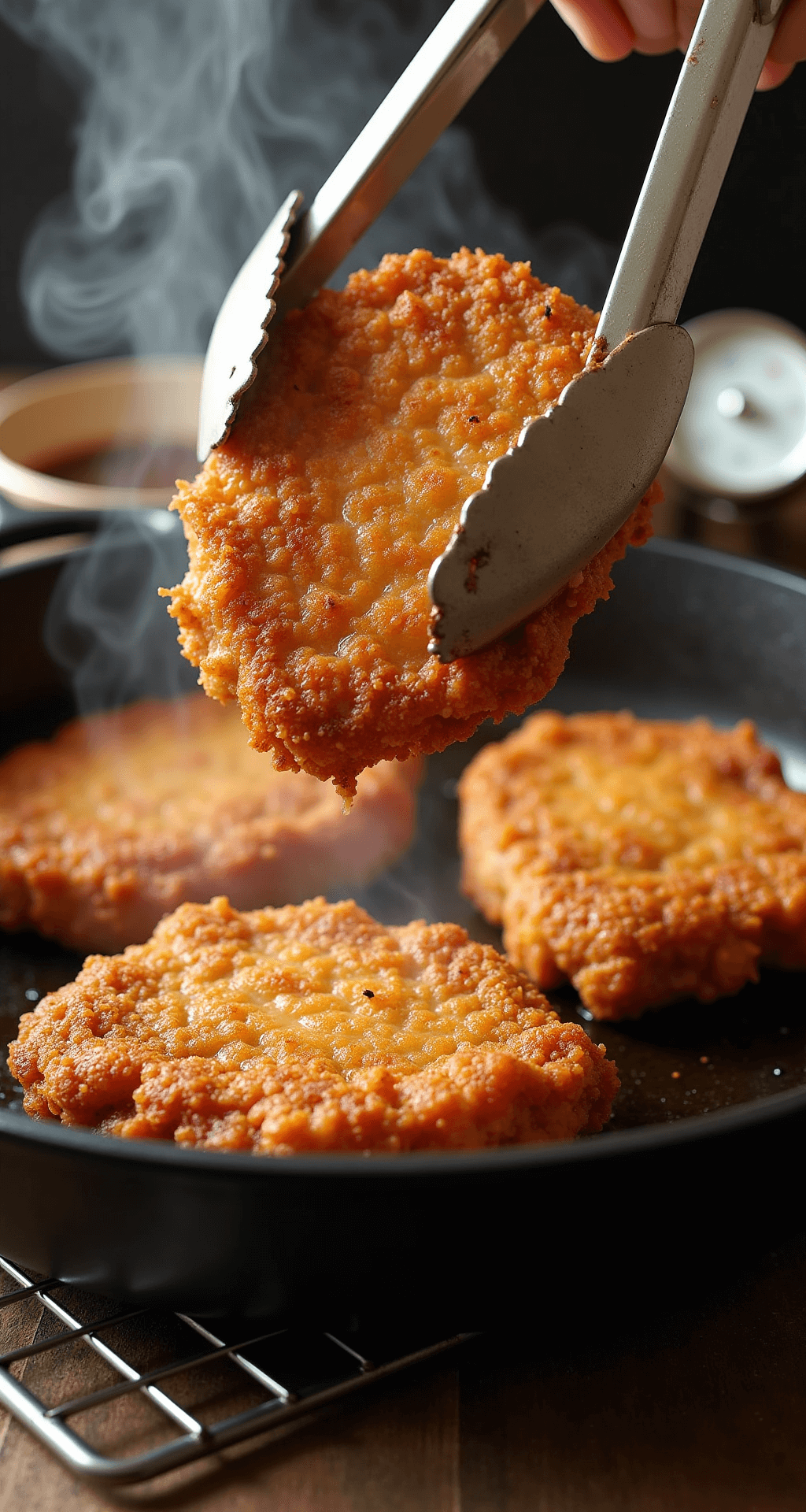 Chicken Fried Pork Chops: Southern Comfort on a Plate A pair of vintage tongs lifts perfectly golden-brown fried pork chops from a cast iron skillet, steam rising as the crispy, textured coating glistens with oil bubbles; pan gravy simmers in the background, with warm kitchen lighting highlighting the breading's crackled surface and shadows, alongside a meat thermometer and wire cooling rack.