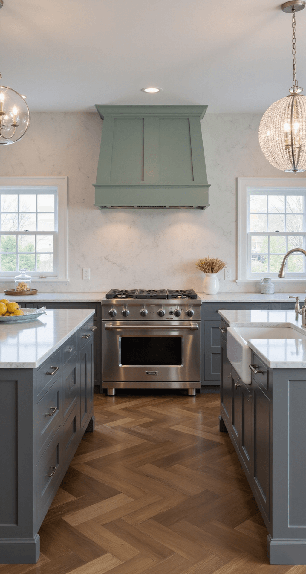 Sage Green Kitchen Cabinets: The Ultimate Design Guide for a Serene Culinary Space L-shaped transitional kitchen featuring Cornwall Slate cabinets, Carrara marble countertops, a Wolf range with a custom sage green hood, and a crystal chandelier over a marble-topped island, all illuminated by natural light with accent lighting, set against herringbone hardwood floors.