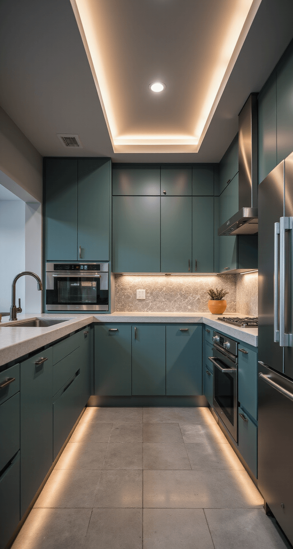 Sage Green Kitchen Cabinets: The Ultimate Design Guide for a Serene Culinary Space A minimalist galley kitchen measuring 8x14ft, featuring sage green handleless cabinets, concrete countertops, and a gray and white geometric tile backsplash. The scene is illuminated by ambient evening light and linear LED under-cabinet lighting, highlighting sleek stainless steel appliances and emphasizing clean lines.