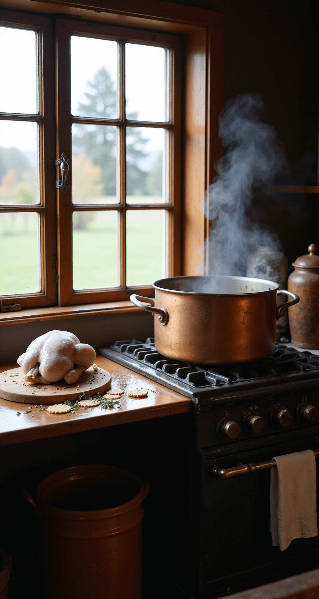 CHICKEN MULL: THE ULTIMATE SOUTHERN COMFORT STEW A rustic farmhouse kitchen with warm natural light, showcasing a large copper stockpot on a vintage stove, a whole raw chicken on a wooden cutting board, and scattered herbs and crackers, evoking a cozy cooking atmosphere.