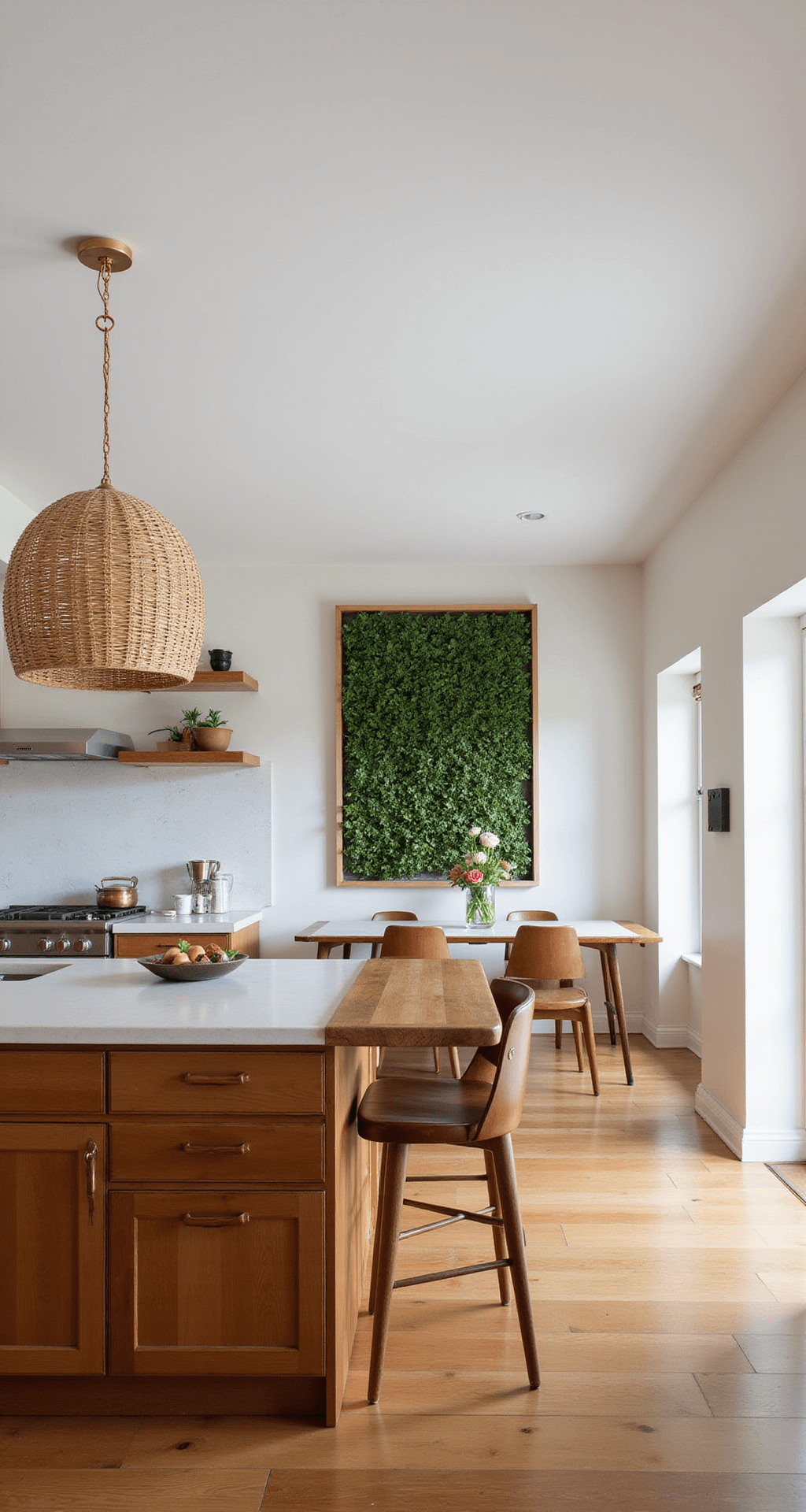 Sage Green Kitchen Cabinets: The Ultimate Design Guide for a Serene Culinary Space An open-concept kitchen-dining area featuring Carolina Gull cabinets with leather pull handles, a butcher block island, white concrete counters, and a living wall above floating shelves. A cluster of rattan pendants hangs over the island, all illuminated by warm natural and artificial light, creating an organic modern atmosphere.