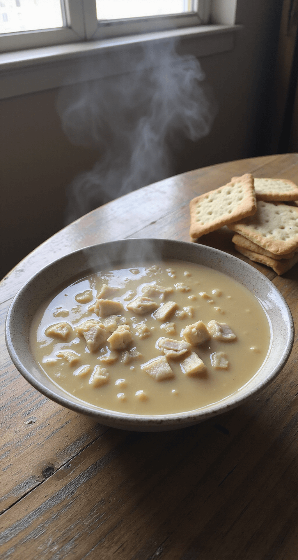 CHICKEN MULL: THE ULTIMATE SOUTHERN COMFORT STEW A steaming bowl of creamy chicken mull with shredded chicken and saltine crackers on a rustic wooden table, illuminated by soft window light.
