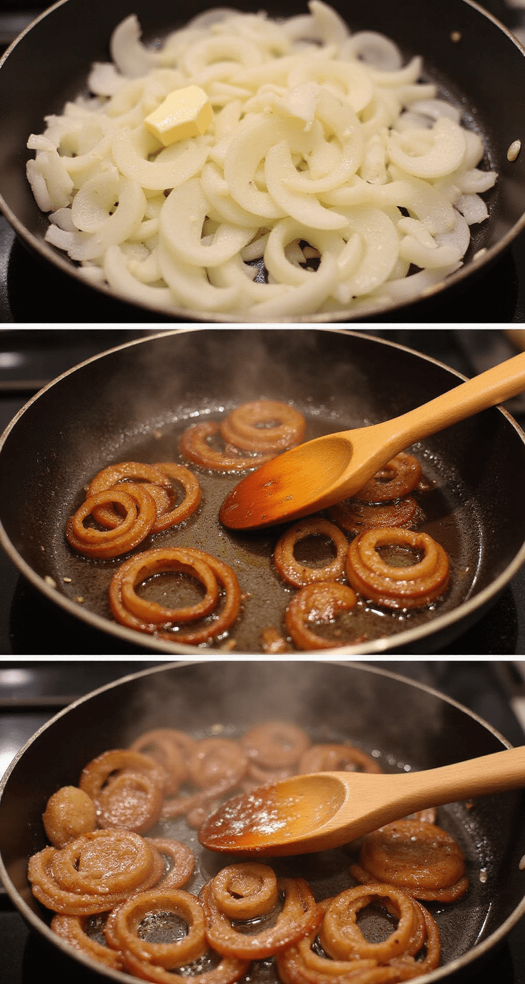 PATTY MELT: THE ULTIMATE DINER-STYLE COMFORT SANDWICH A close-up of caramelizing onions in a cast iron skillet, showcasing their transformation to deep golden brown with warm lighting and steam rising, creating a cozy kitchen atmosphere.
