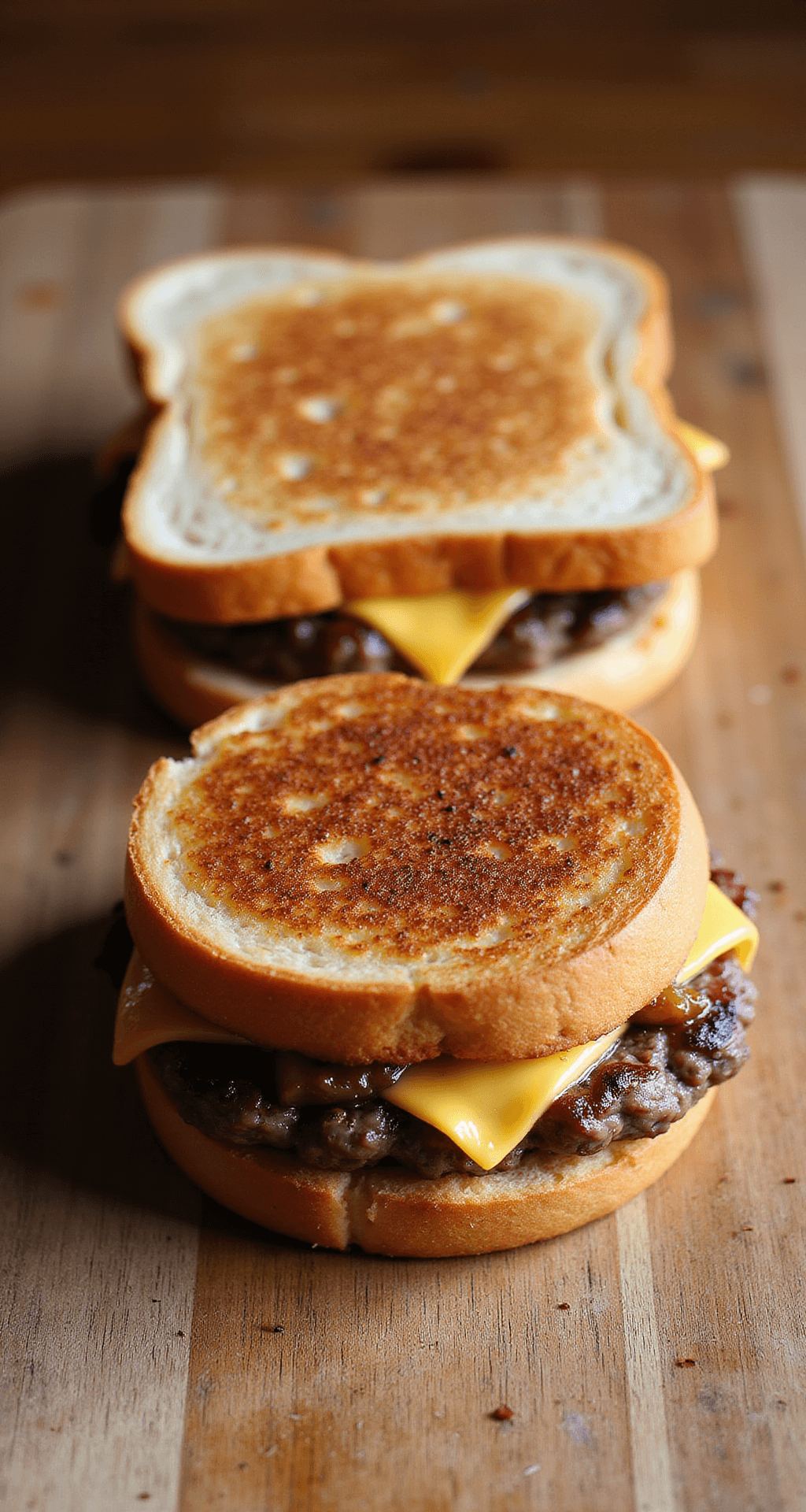 PATTY MELT: THE ULTIMATE DINER-STYLE COMFORT SANDWICH Overhead view of a patty melt sandwich on a wooden cutting board, featuring marbled rye bread, melted Swiss cheese, a seared burger patty, caramelized onions, and a hint of creamy burger sauce.