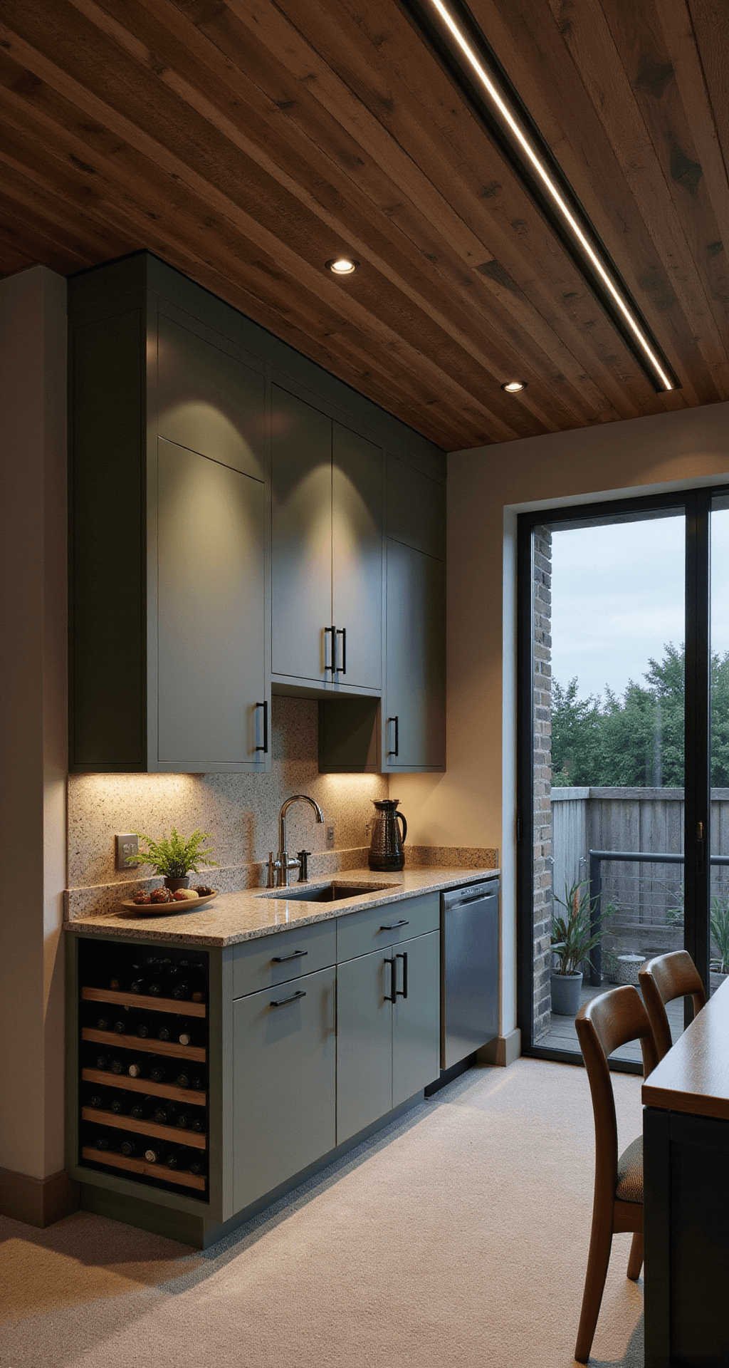 Sage Green Kitchen Cabinets: The Ultimate Design Guide for a Serene Culinary Space Contemporary kitchen-lounge hybrid at dusk, featuring two-tone sage cabinets, blackened steel hardware, honed granite countertops, and floor-to-ceiling wine storage, with a modern wood slat ceiling and strategic accent lighting for a luxurious ambiance.