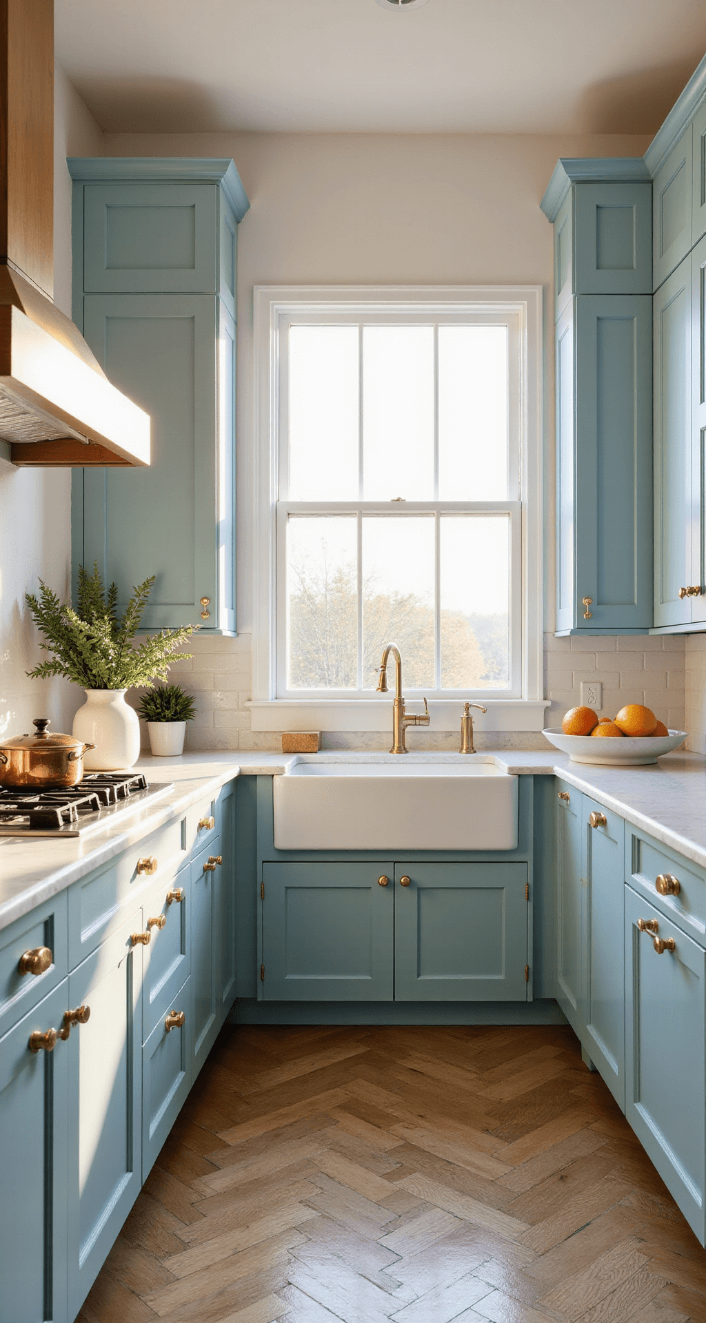 Light Blue Kitchen Cabinets: Transform Your Space with Serene Sophistication A sunlit 12x15ft kitchen with light blue shaker cabinets and Carrara marble countertops, featuring a farmhouse sink and herringbone oak floors, styled with white vases, copper cookware, and a marble fruit bowl.