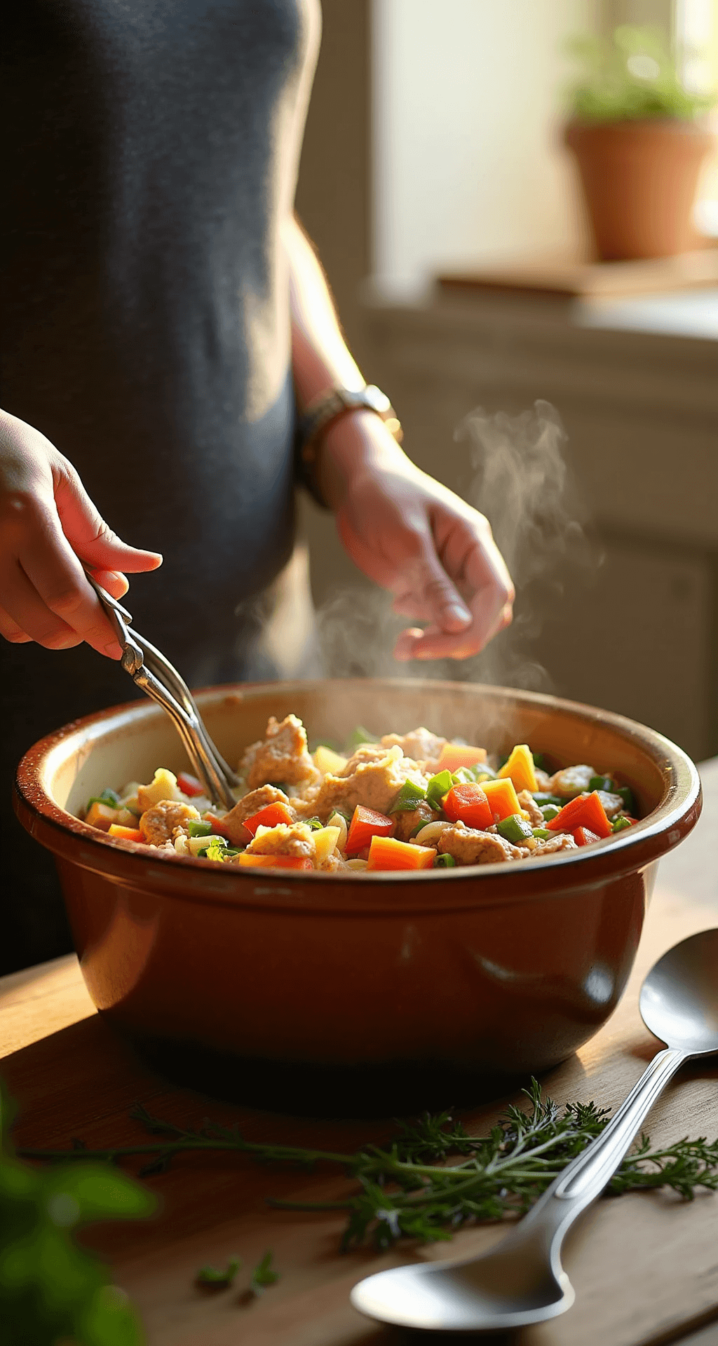 TURKEY POT PIE: THE ULTIMATE COMFORT FOOD MASTERPIECE Close-up of hands arranging colorful mixed vegetables and turkey chunks in a creamy sauce inside a rustic mixing bowl, with steam rising and warm kitchen light illuminating the scene.