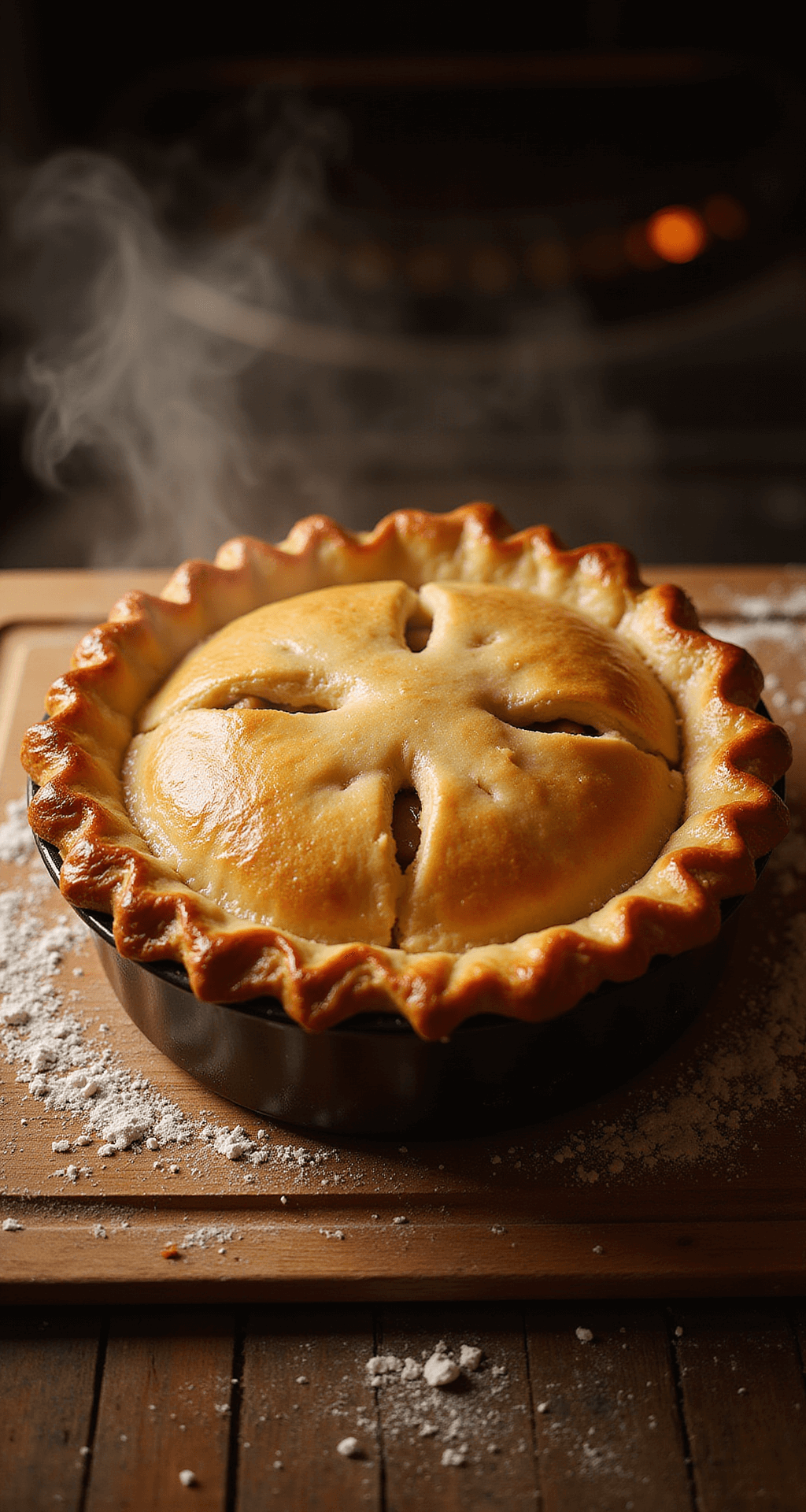 TURKEY POT PIE: THE ULTIMATE COMFORT FOOD MASTERPIECE Overhead view of a golden-brown turkey pot pie with a flaky double crust, steam rising through decorative venting slits, resting on a floured wooden cutting board.