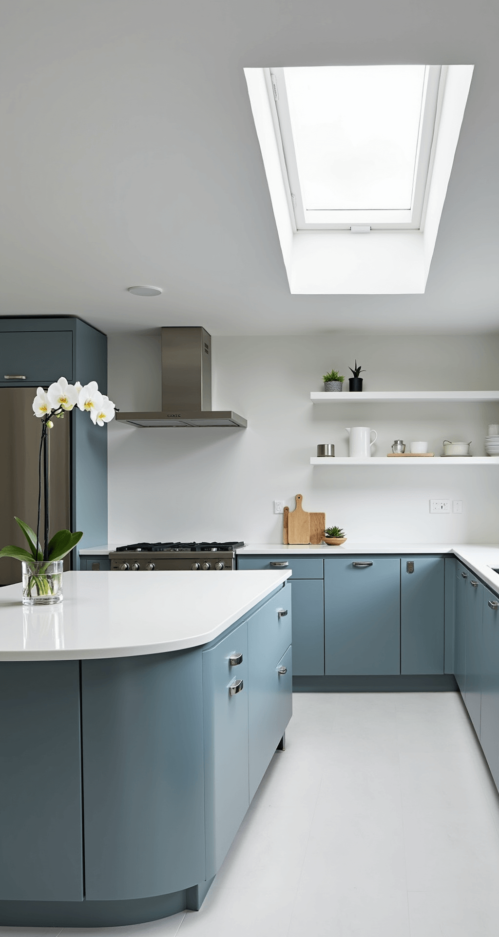 Light Blue Kitchen Cabinets: Transform Your Space with Serene Sophistication A modern minimalist kitchen (10x12ft) featuring matte light blue slab cabinets, a white quartz waterfall island, stainless steel appliances, and a single orchid in clear glass, all illuminated by diffused natural light from skylights.
