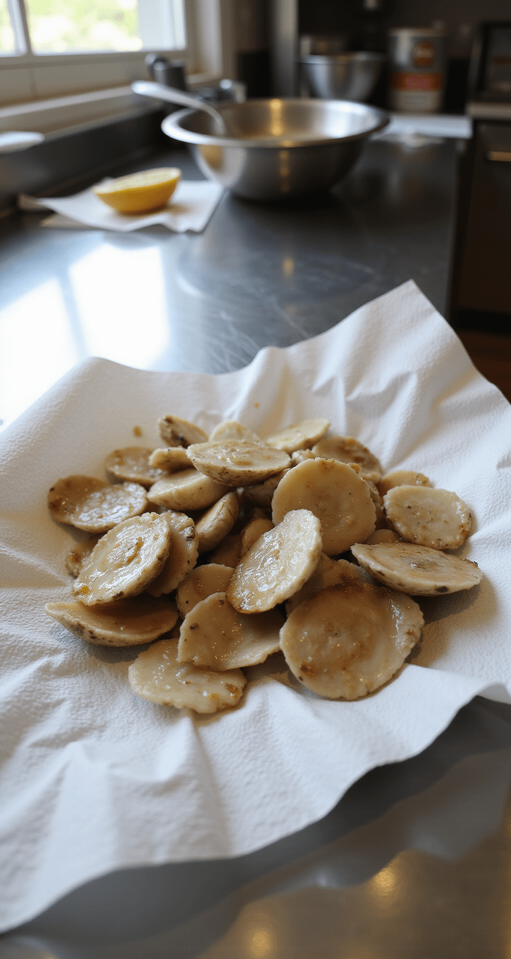Crispy Fried Clam Strips: New England's Ultimate Seafood Feast Close-up of fresh clam strips being patted dry on white paper towels, illuminated by natural light, with a professional kitchen setting and stainless steel countertop in the background.