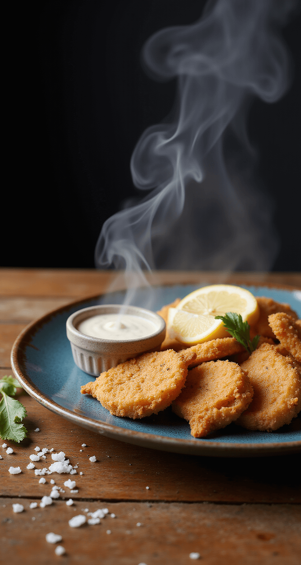 Crispy Fried Clam Strips: New England's Ultimate Seafood Feast Steam rises from golden-brown fried clam strips on a rustic blue ceramic plate, garnished with fresh lemon wedges and a ramekin of tartar sauce, with dramatic lighting highlighting the crispy texture against a wooden table.