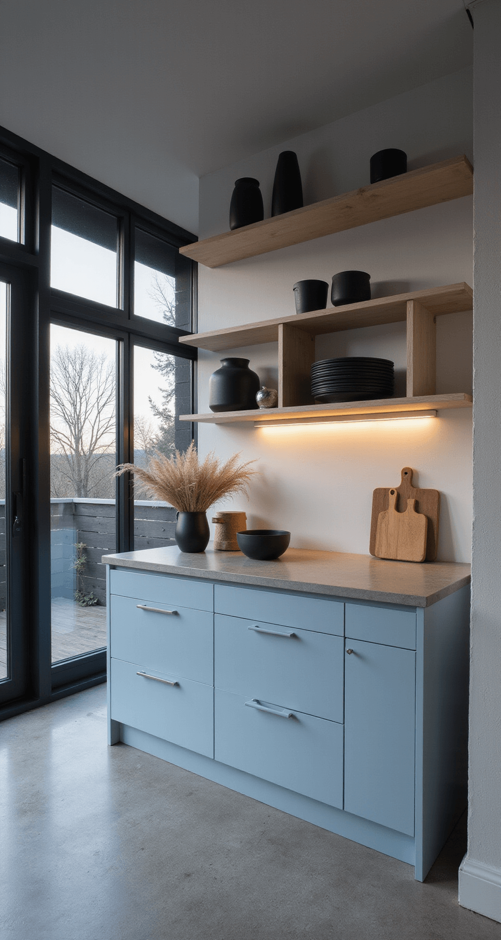 Light Blue Kitchen Cabinets: Transform Your Space with Serene Sophistication Open-concept Scandinavian-inspired kitchen featuring ice blue cabinets, pale ash wood shelving, concrete countertops, and large black-framed windows, captured at dusk with moody natural light and under-cabinet lighting; styled with black matte ceramics and dried pampas grass.