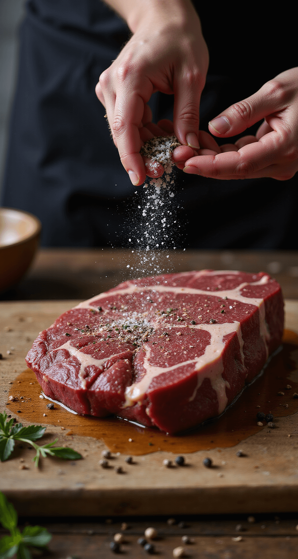BEEF ON WECK SANDWICH: THE ULTIMATE BUFFALO-STYLE ROAST BEEF CLASSIC Close-up of a marbled top round beef roast being seasoned with kosher salt and olive oil on a weathered wooden cutting board, accented by fresh herbs and peppercorns, with dramatic side lighting showcasing the meat's texture.