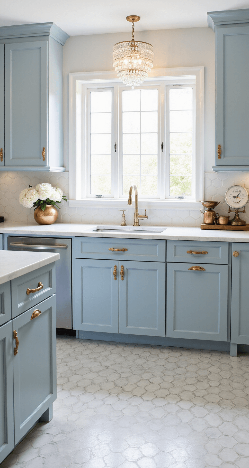 Light Blue Kitchen Cabinets: Transform Your Space with Serene Sophistication A bright 12x14ft kitchen featuring pale blue raised-panel cabinets with antique gold hardware, white marble hexagon tile floor, and a crystal chandelier above the island, styled with copper cookware and fresh white peonies, captured in warm afternoon light.