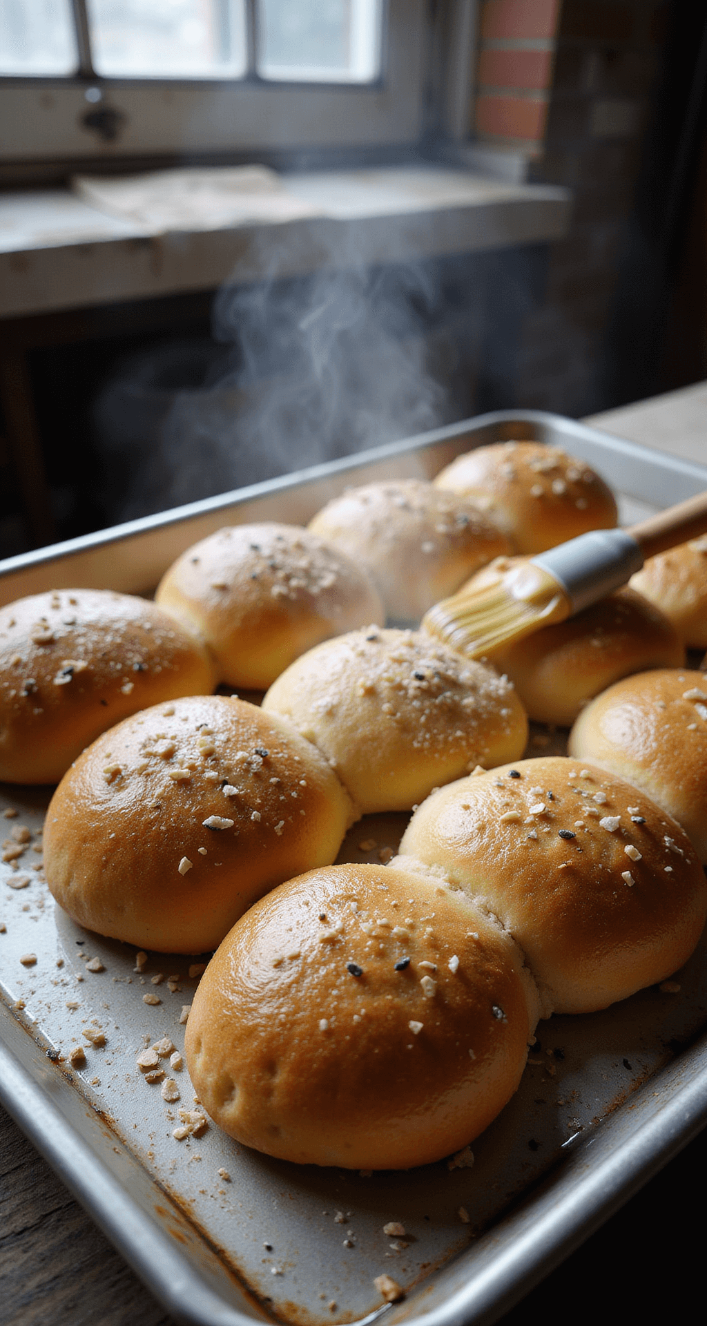 BEEF ON WECK SANDWICH: THE ULTIMATE BUFFALO-STYLE ROAST BEEF CLASSIC Overhead shot of traditional kummelweck rolls on a rustic baking sheet, undergoing an egg wash with dramatic natural light highlighting salt and caraway seeds, steam visible, in an artisanal bakery setting.