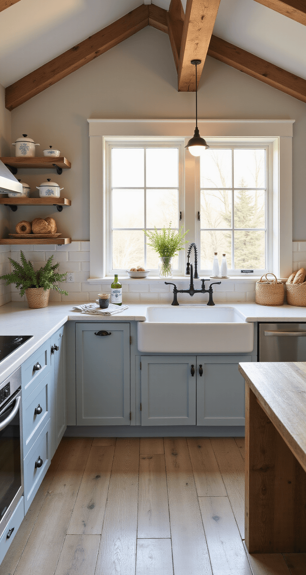 Light Blue Kitchen Cabinets: Transform Your Space with Serene Sophistication A contemporary farmhouse kitchen featuring light blue-gray cabinets with black iron hardware, wide-plank white oak floors, and exposed wooden beams, beautifully illuminated by golden sunrise light streaming through the windows. A double farmhouse sink is positioned beneath a window, with vintage enamelware, potted herbs, and woven bread baskets adding charming decor.
