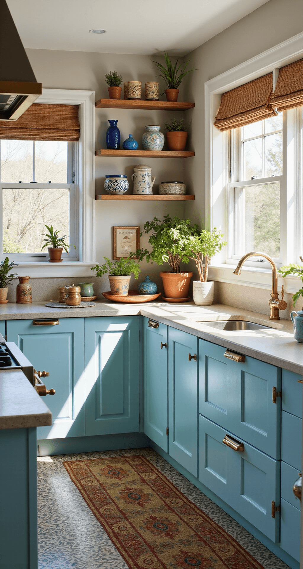 Light Blue Kitchen Cabinets: Transform Your Space with Serene Sophistication An eclectic bohemian kitchen featuring powder blue cabinets with mixed metallic handles, a patterned cement tile floor, and natural bamboo Roman shades, all illuminated by warm afternoon light from west-facing windows. The space is adorned with hanging plants, a colorful ceramic collection, vintage tea tins, and Moroccan tea glasses.