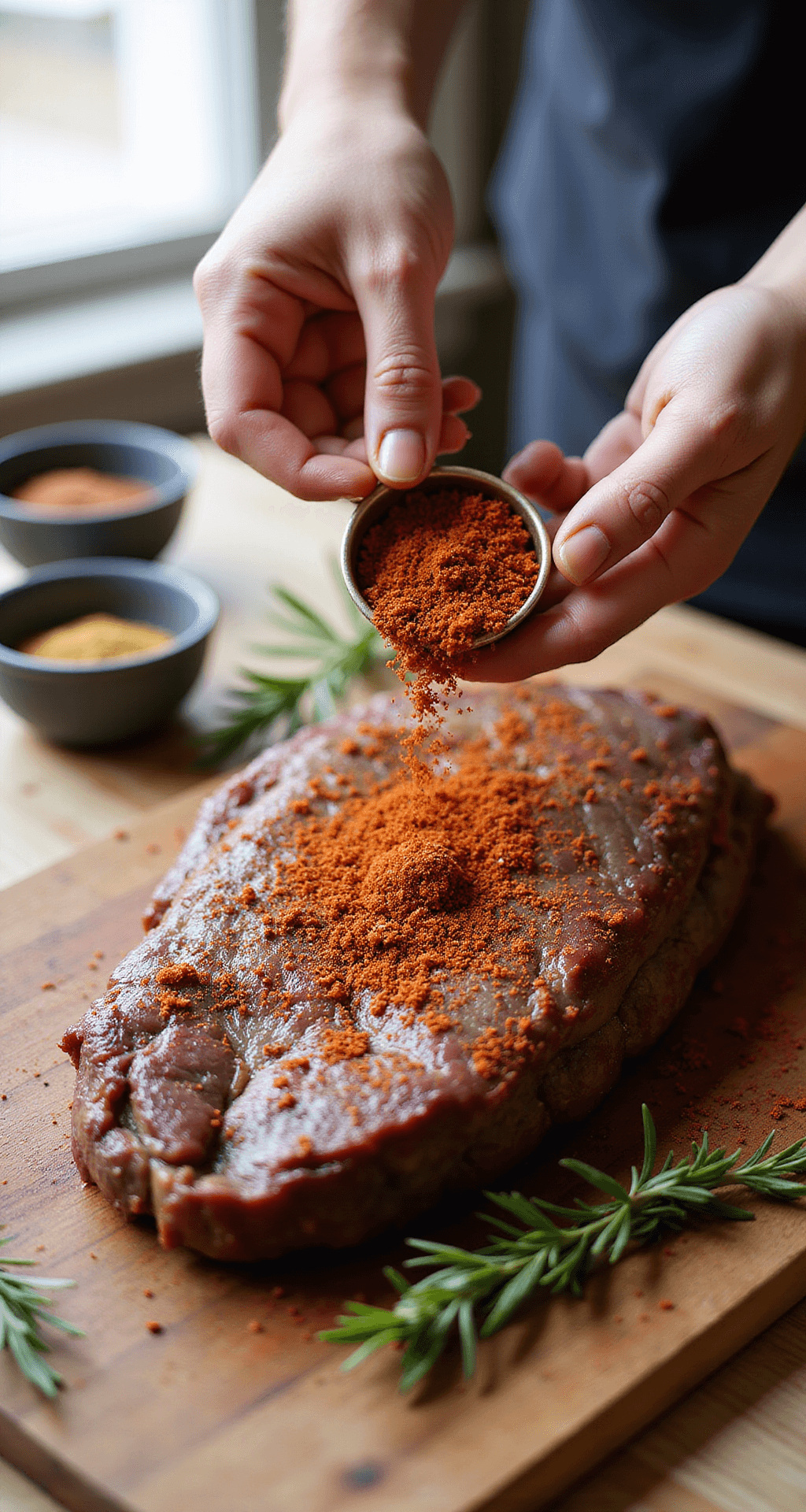 SANTA MARIA STYLE TRI TIP: THE ULTIMATE CALIFORNIA GRILLING CLASSIC Close-up of hands massaging a reddish-brown spice rub into a marbled tri-tip roast on a rustic wooden cutting board, with natural light enhancing the textures, and fresh rosemary and spice bowls in the background.