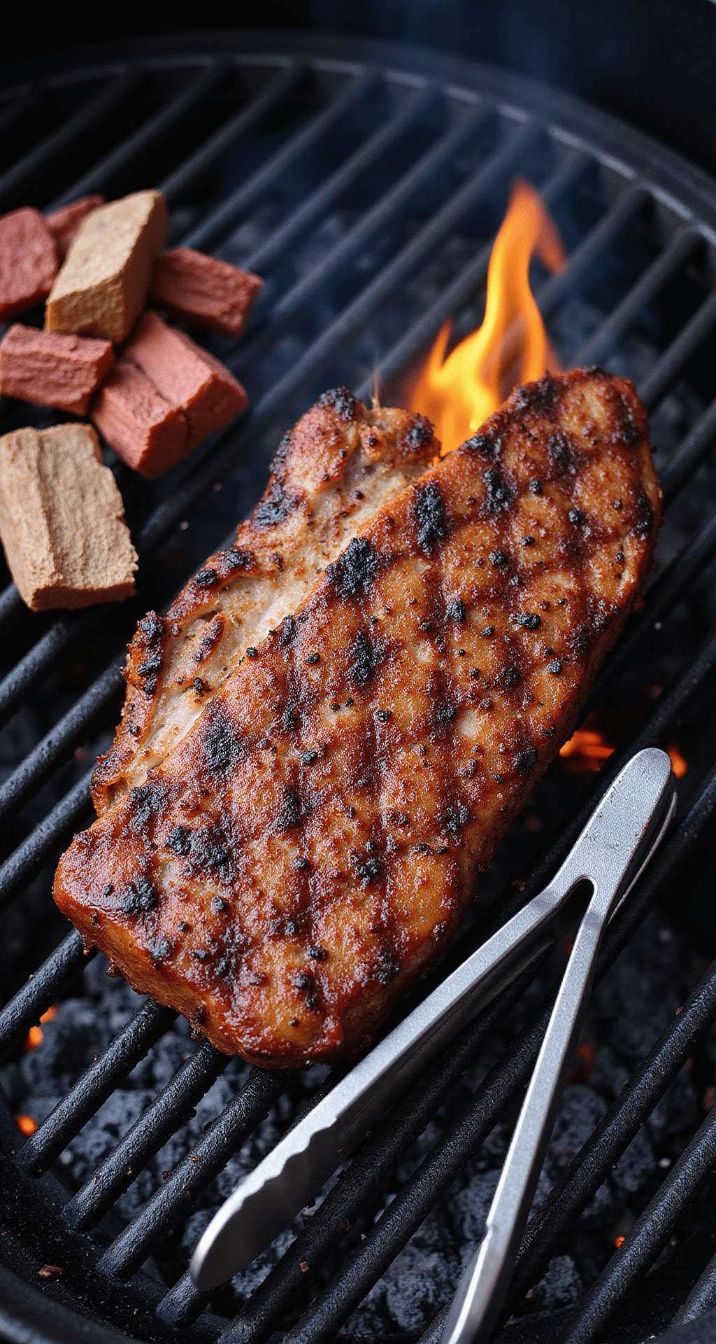 SANTA MARIA STYLE TRI TIP: THE ULTIMATE CALIFORNIA GRILLING CLASSIC Dramatic overhead view of a searing tri-tip roast on a charcoal grill, surrounded by flames and wisps of oak wood smoke, with grill grates and tongs in the scene.