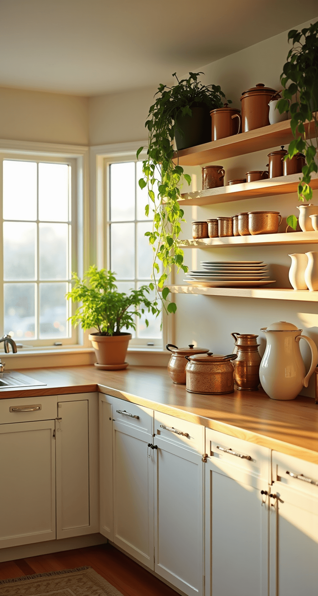 The Ultimate Guide to Styling the Space Above Kitchen Cabinets A bright kitchen at golden hour, featuring white shaker cabinets, vintage copper cookware, cream ceramic pitchers, and trailing pothos plants, captured from a low angle with warm sunlight streaming through west-facing windows.