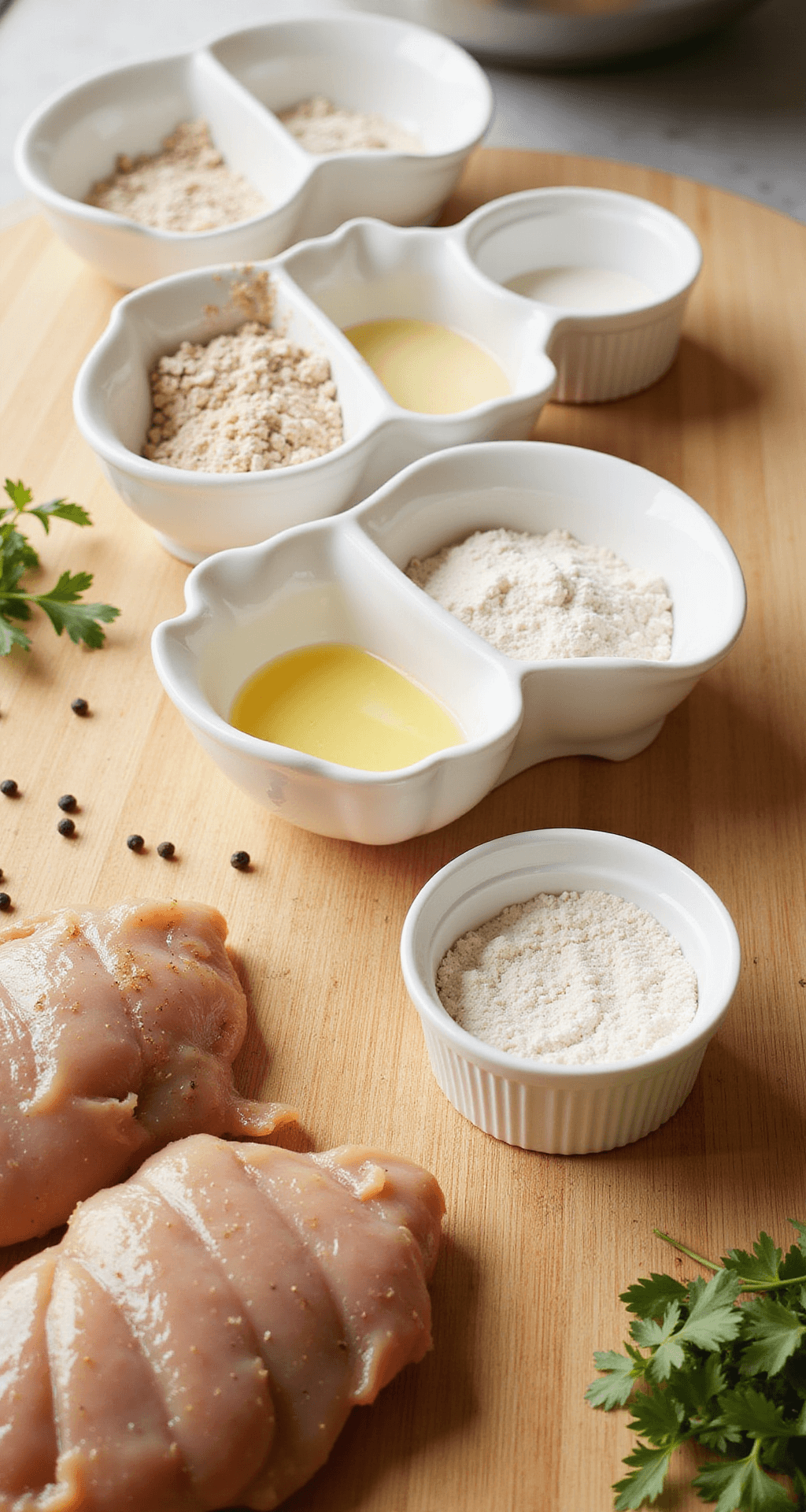 Chicken Fried Chicken: Southern Comfort on a Plate A professional kitchen prep station with three white ceramic bowls of seasoned flour, buttermilk-egg mixture, and flour, alongside a raw butterflied chicken breast on a wooden cutting board, garnished with fresh herbs and black peppercorns, illuminated by warm natural light.