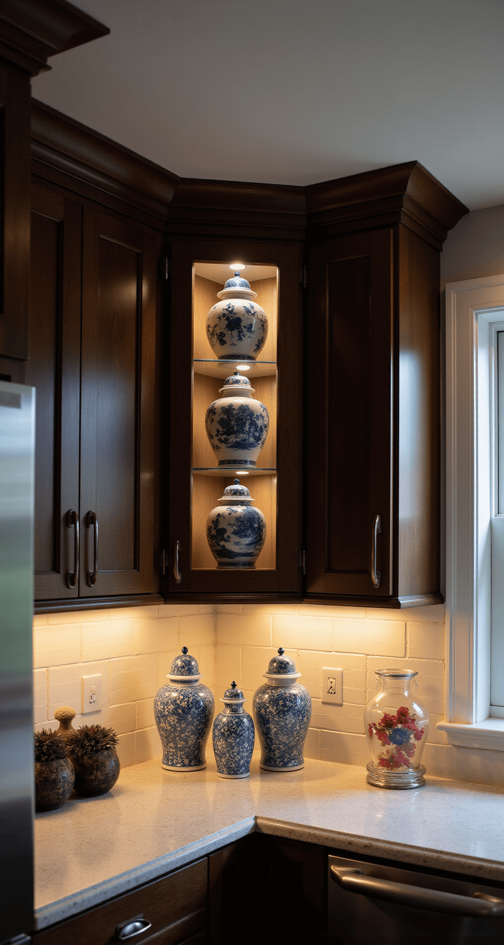 The Ultimate Guide to Styling the Space Above Kitchen Cabinets A corner kitchen vignette featuring dark walnut cabinets, illuminated chinoiserie vases with strategic above-cabinet lighting, captured at a 45-degree angle in soft afternoon light.