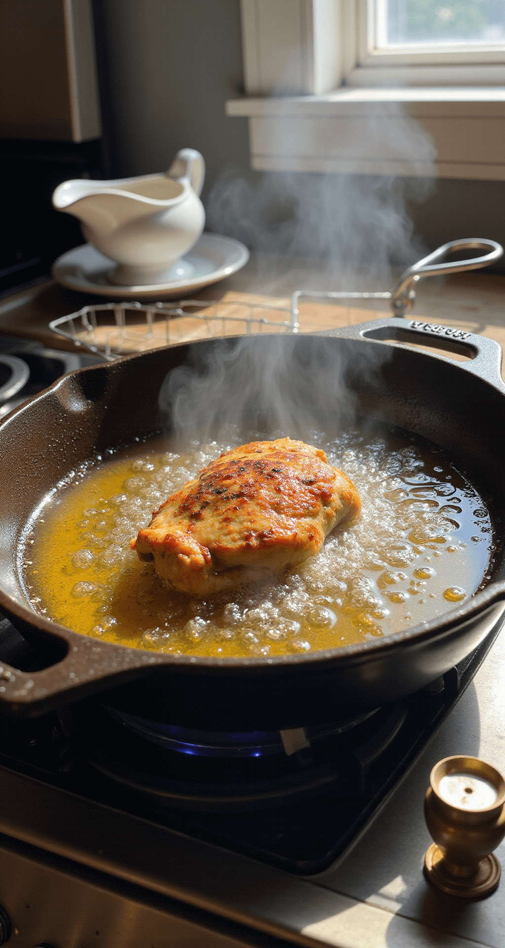 Chicken Fried Chicken: Southern Comfort on a Plate A cast-iron skillet with bubbling oil and frying chicken, illuminated by warm light from a kitchen window, with a vintage meat thermometer and cooling rack nearby, and a ceramic gravy boat in soft focus.